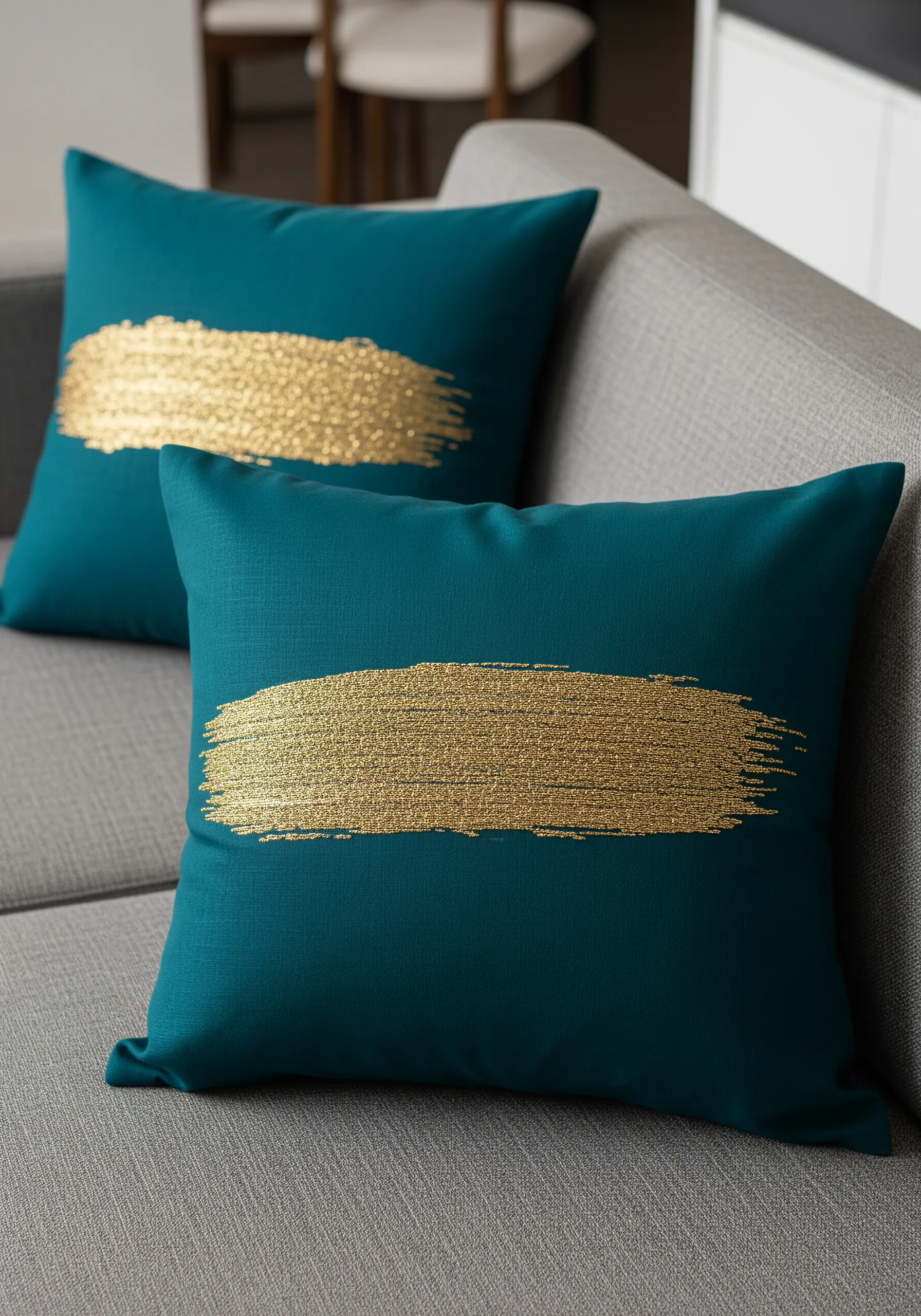 Abstract gold brushstroke effect created with dense metallic seed stitches.