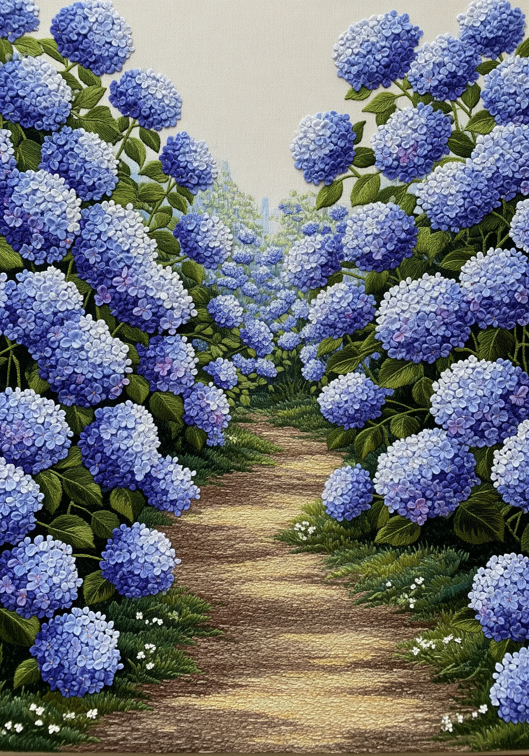 An embroidered landscape scene of a path receding through a field of blue hydrangeas.