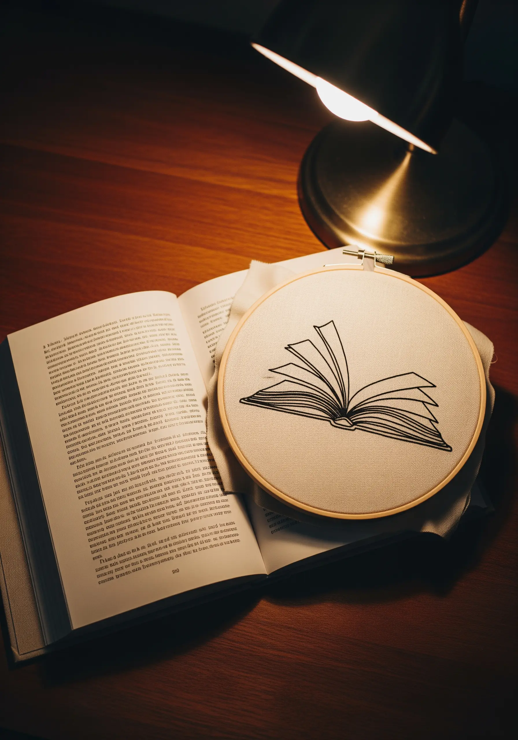A line art embroidery of an open book with pages turning, stitched in black thread.