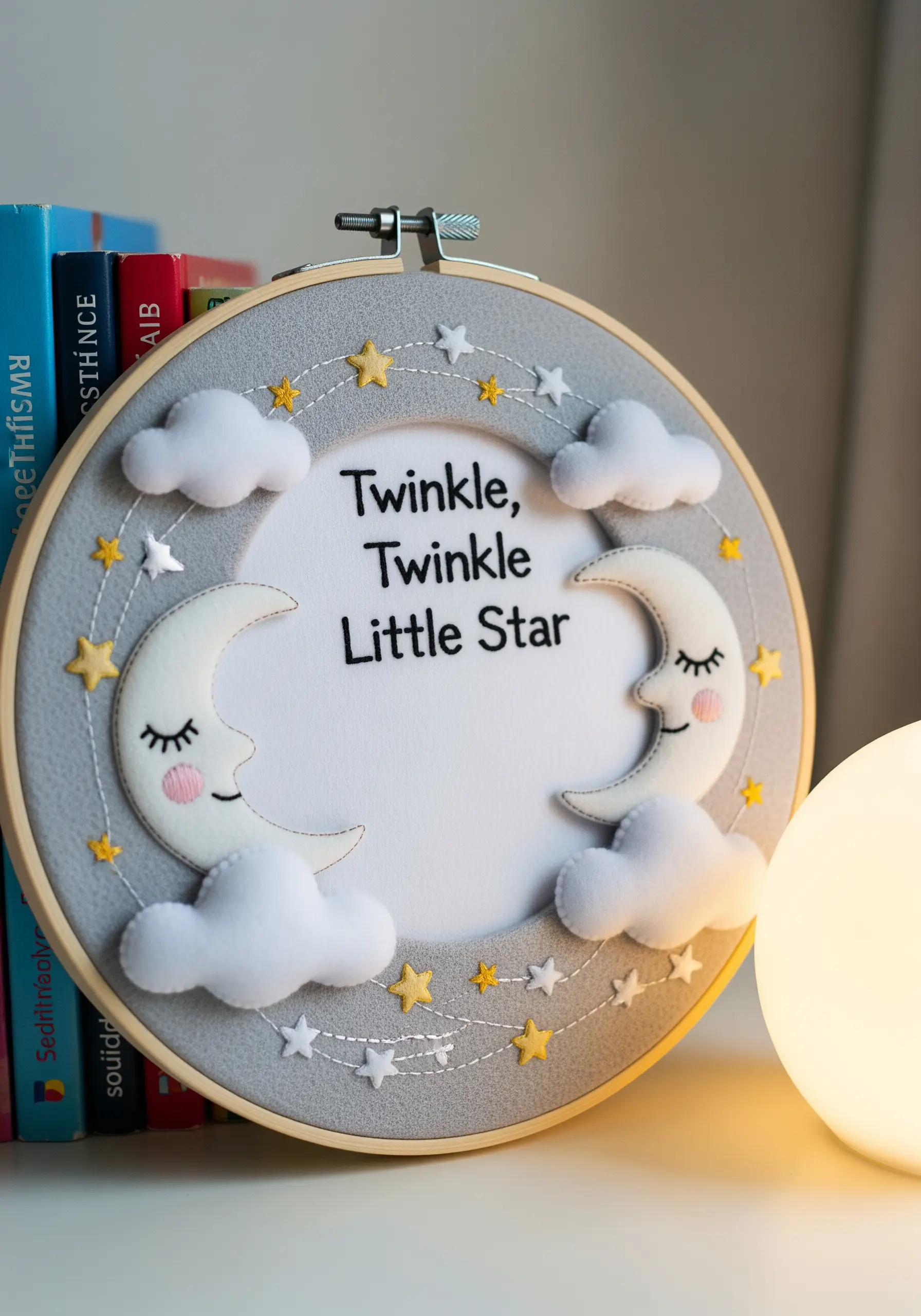A nursery hoop with felt appliqué sleeping moons, clouds, and stars, with 