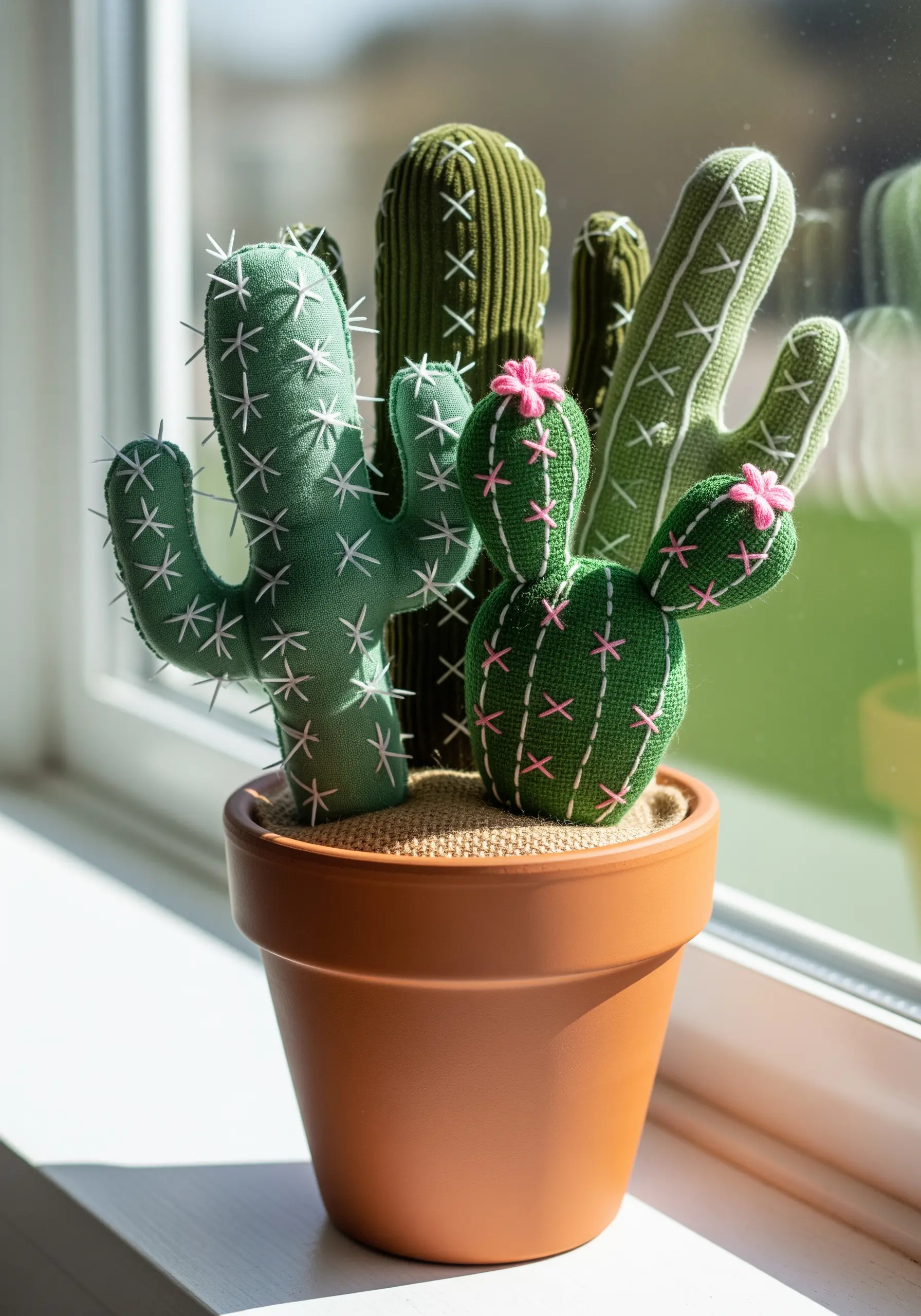 A collection of handmade fabric cacti with embroidered details sitting in a terracotta pot.