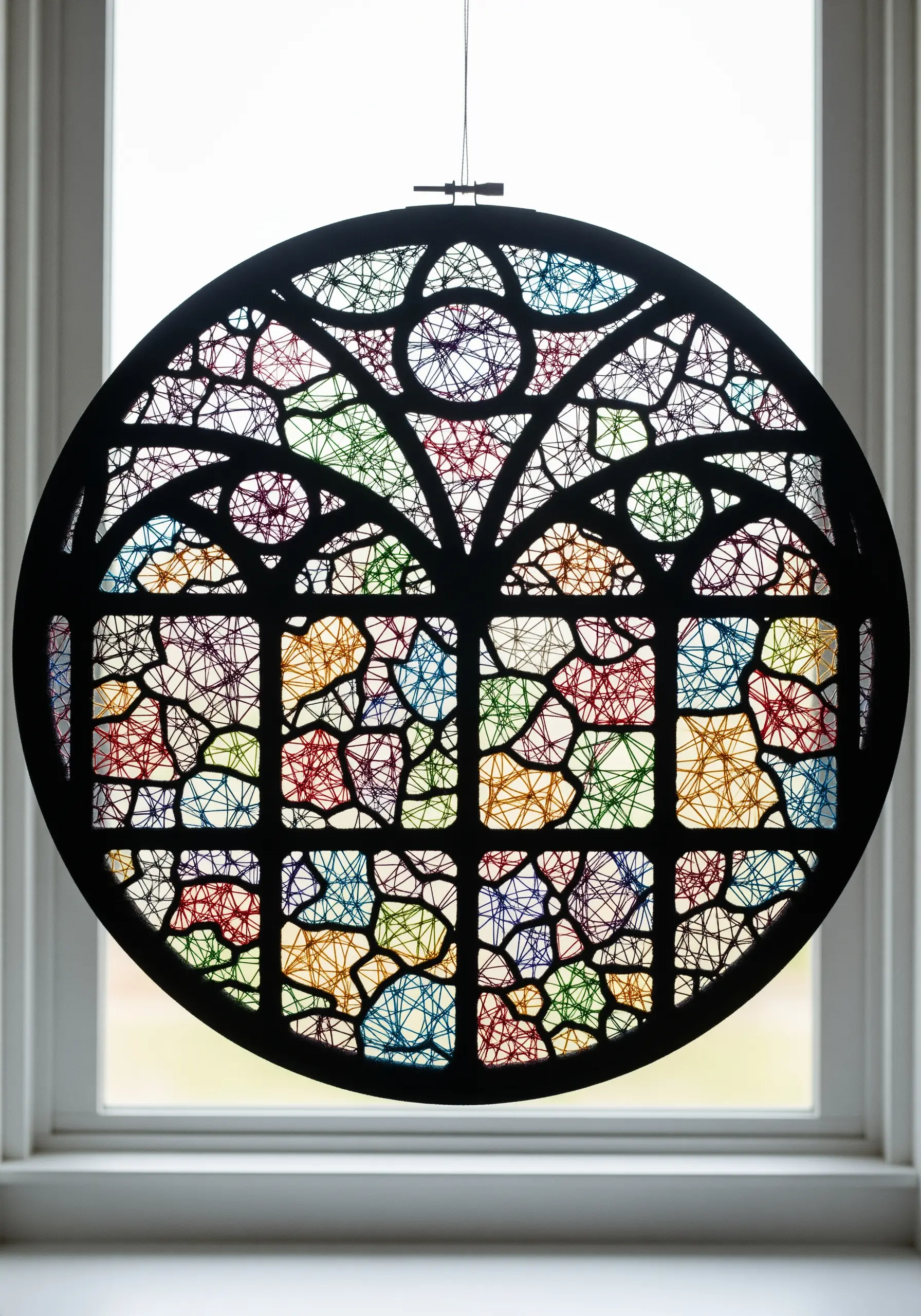 A circular 'stained glass' piece made with colorful threads wrapped inside a dark frame, hung in a window.