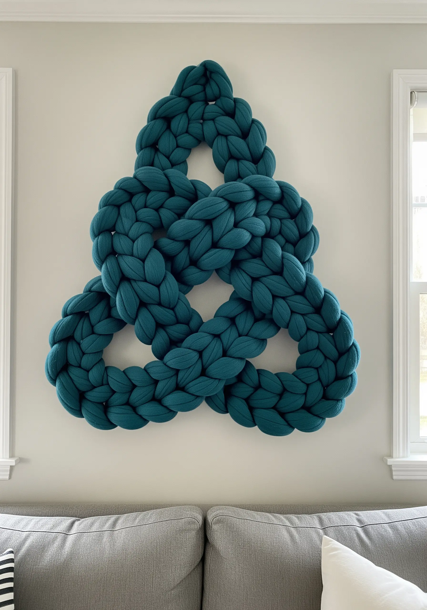 A large, teal-colored chunky yarn knot hanging on a white wall as art.