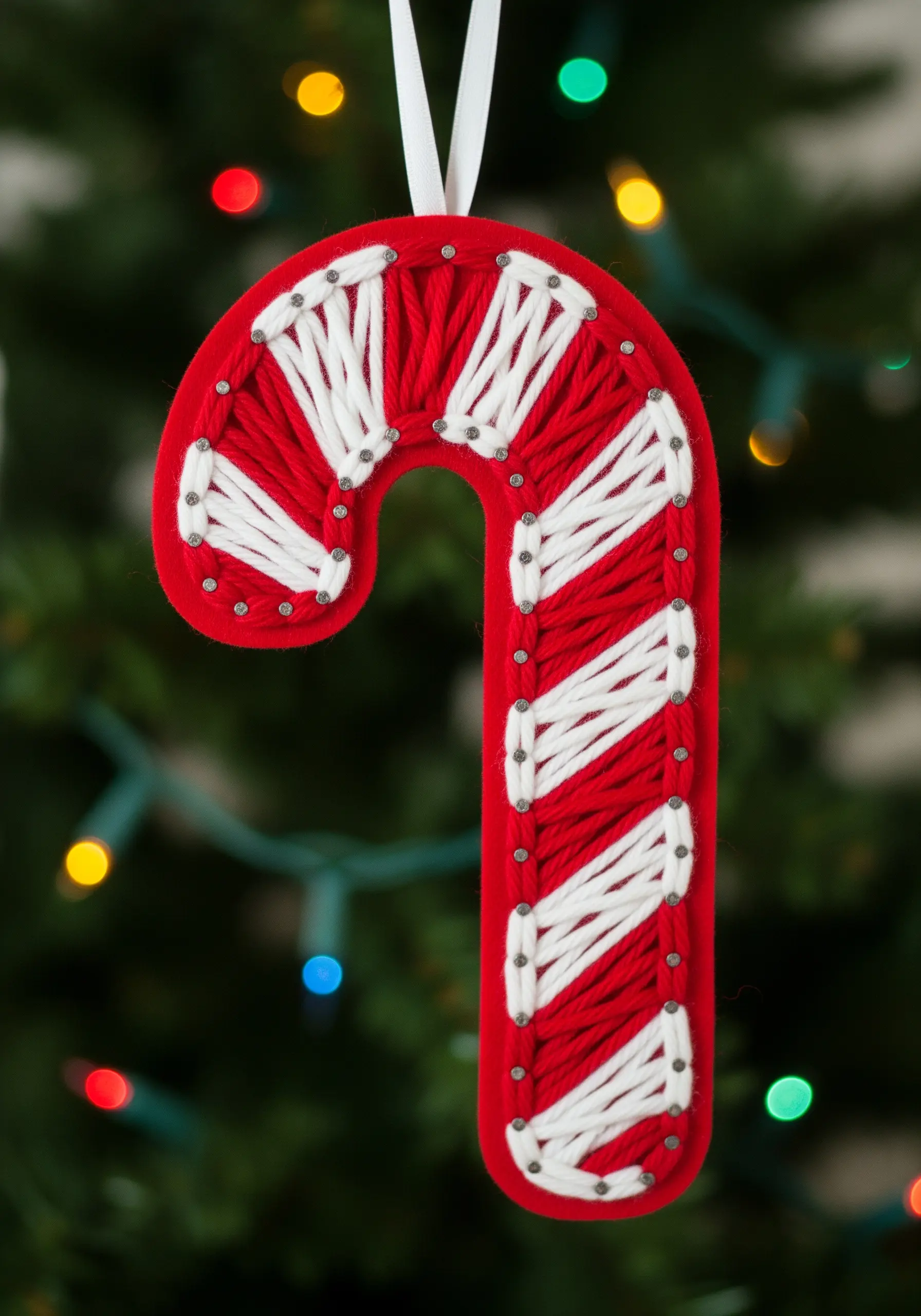 Red and white string art candy cane on a felt base.