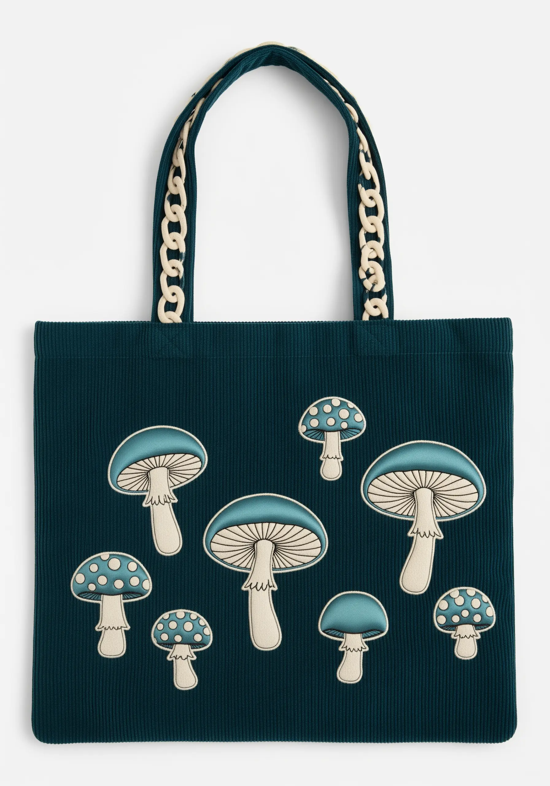 A pattern of blue and white mushrooms on a dark teal corduroy tote bag.
