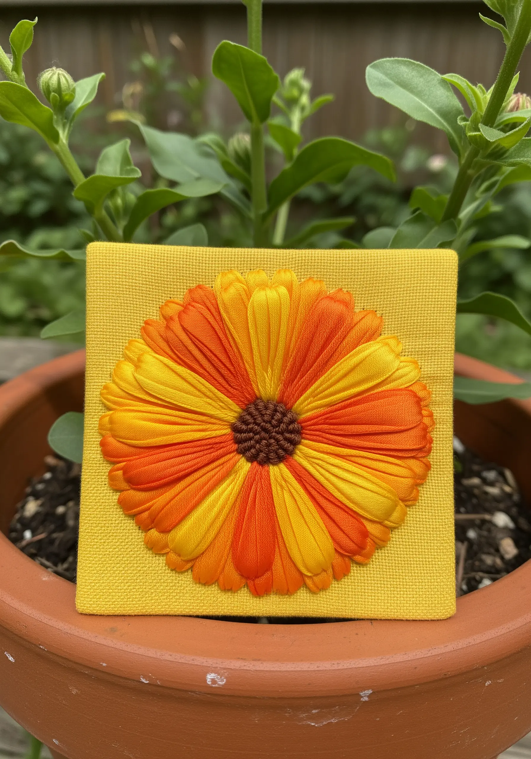A dimensional calendula flower created with orange and yellow silk ribbon embroidery.