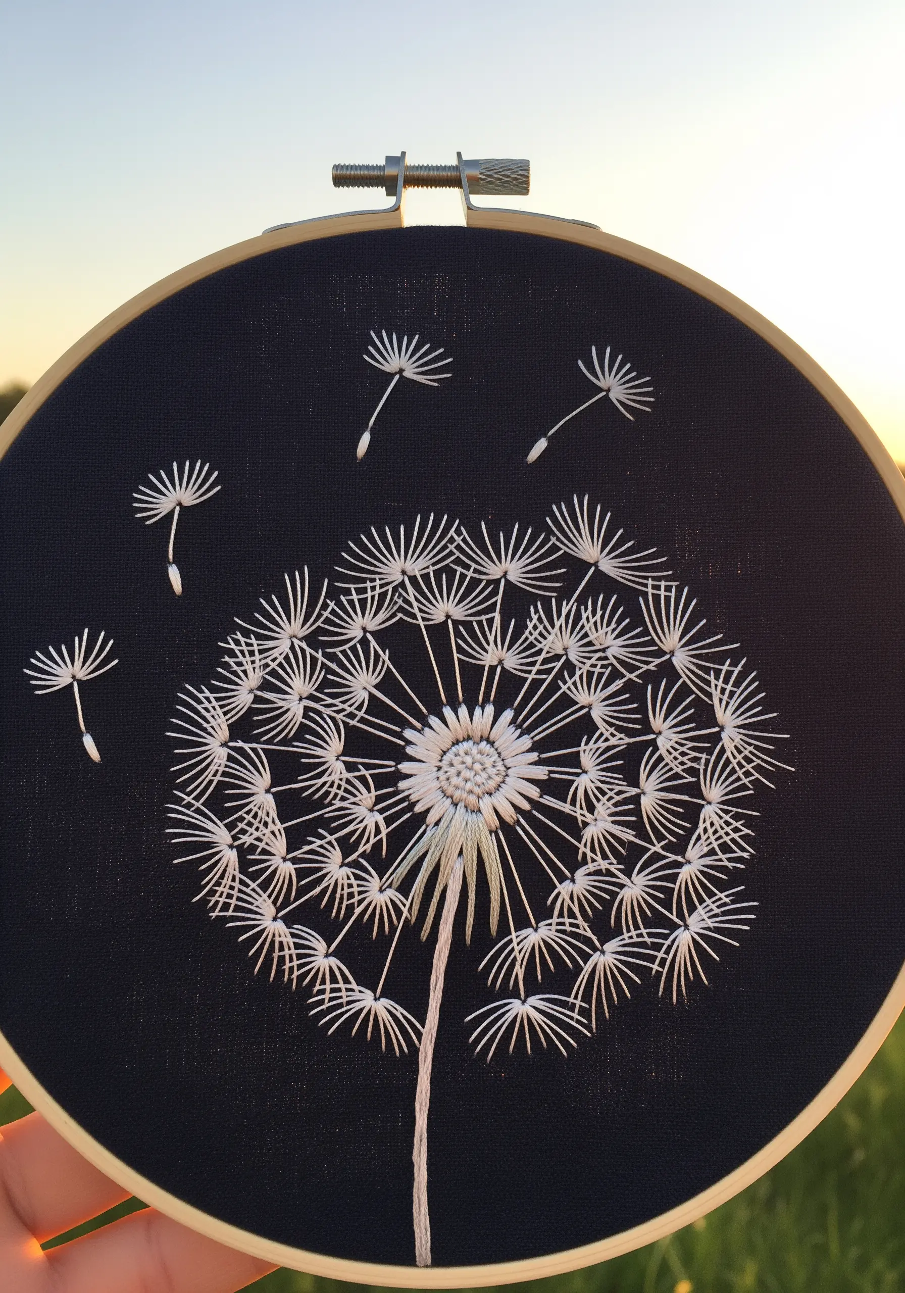 A dandelion seed head embroidered in white thread on black fabric, with seeds blowing away.