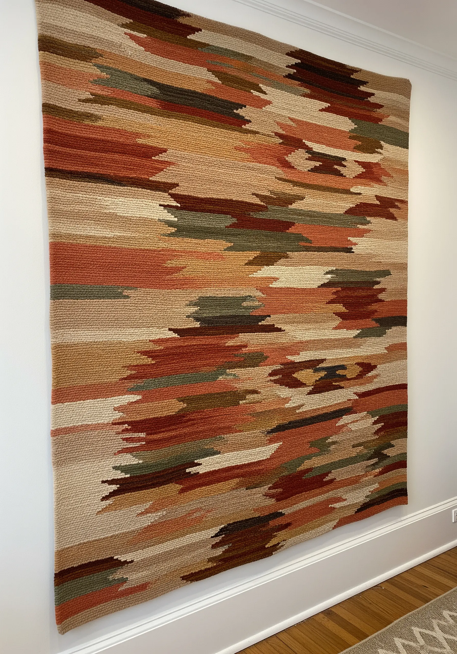 A large, woven wall tapestry with abstract geometric patterns in warm, earthy tones.