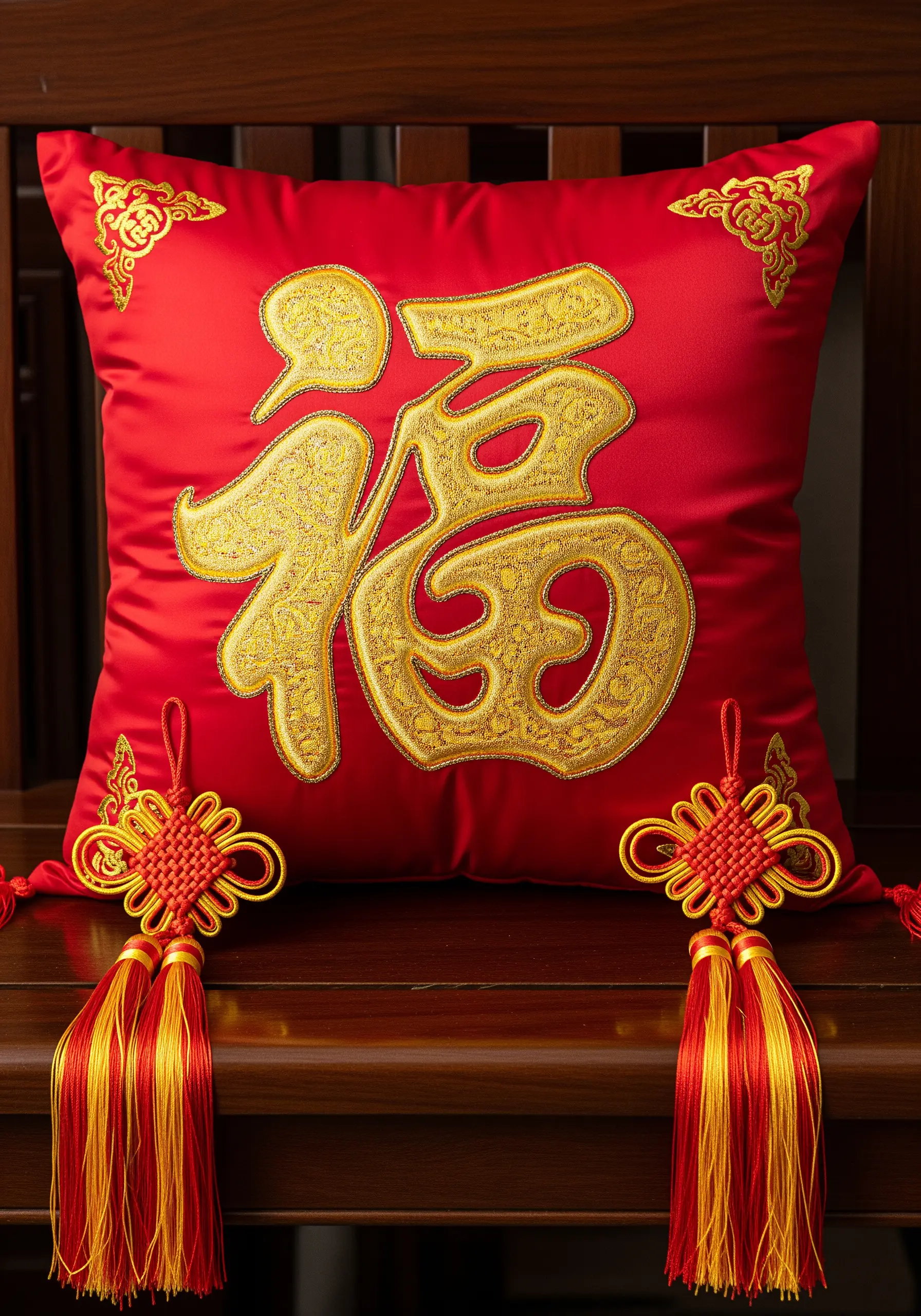 Gold embroidered Chinese calligraphy symbol on a red satin cushion.