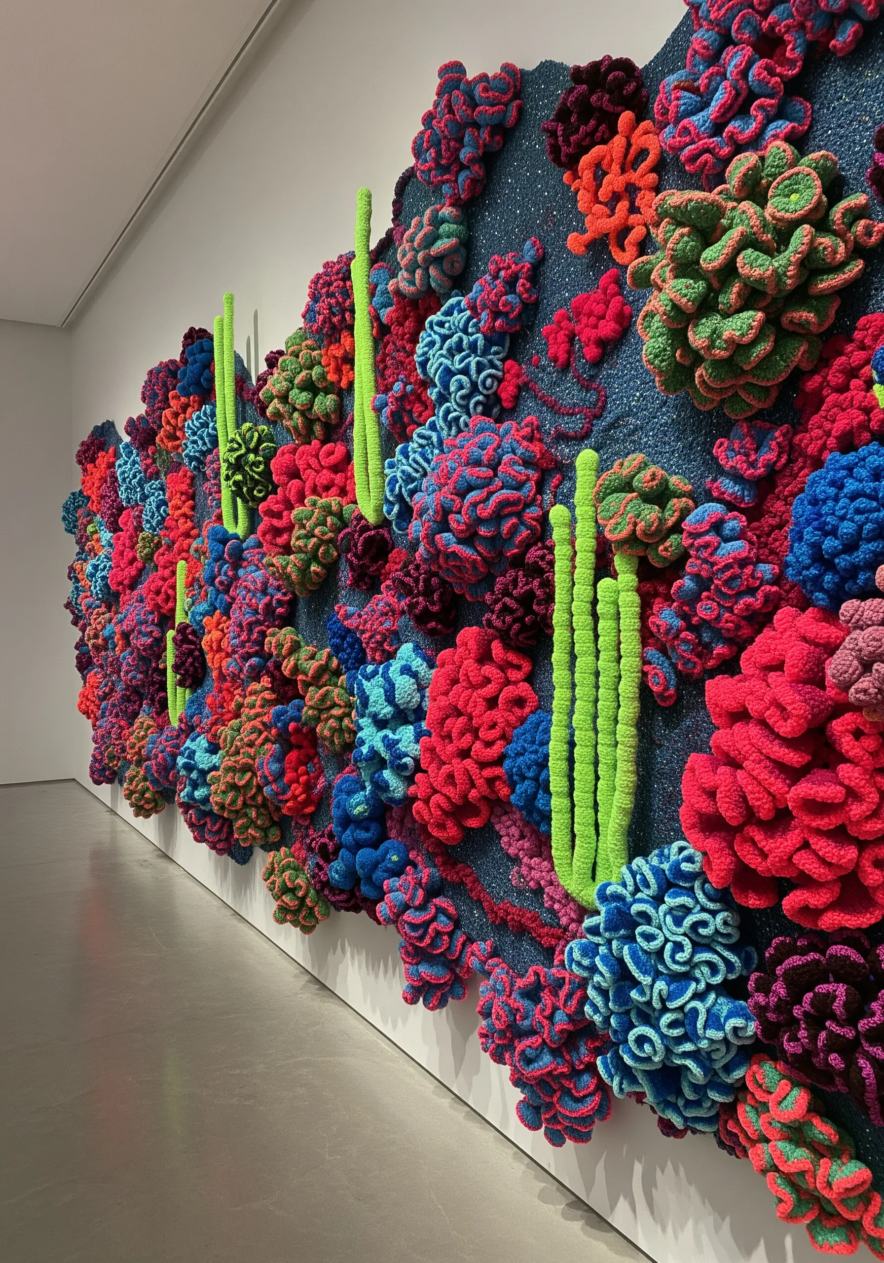 A vibrant, three-dimensional crocheted wall art piece resembling a colorful coral reef.