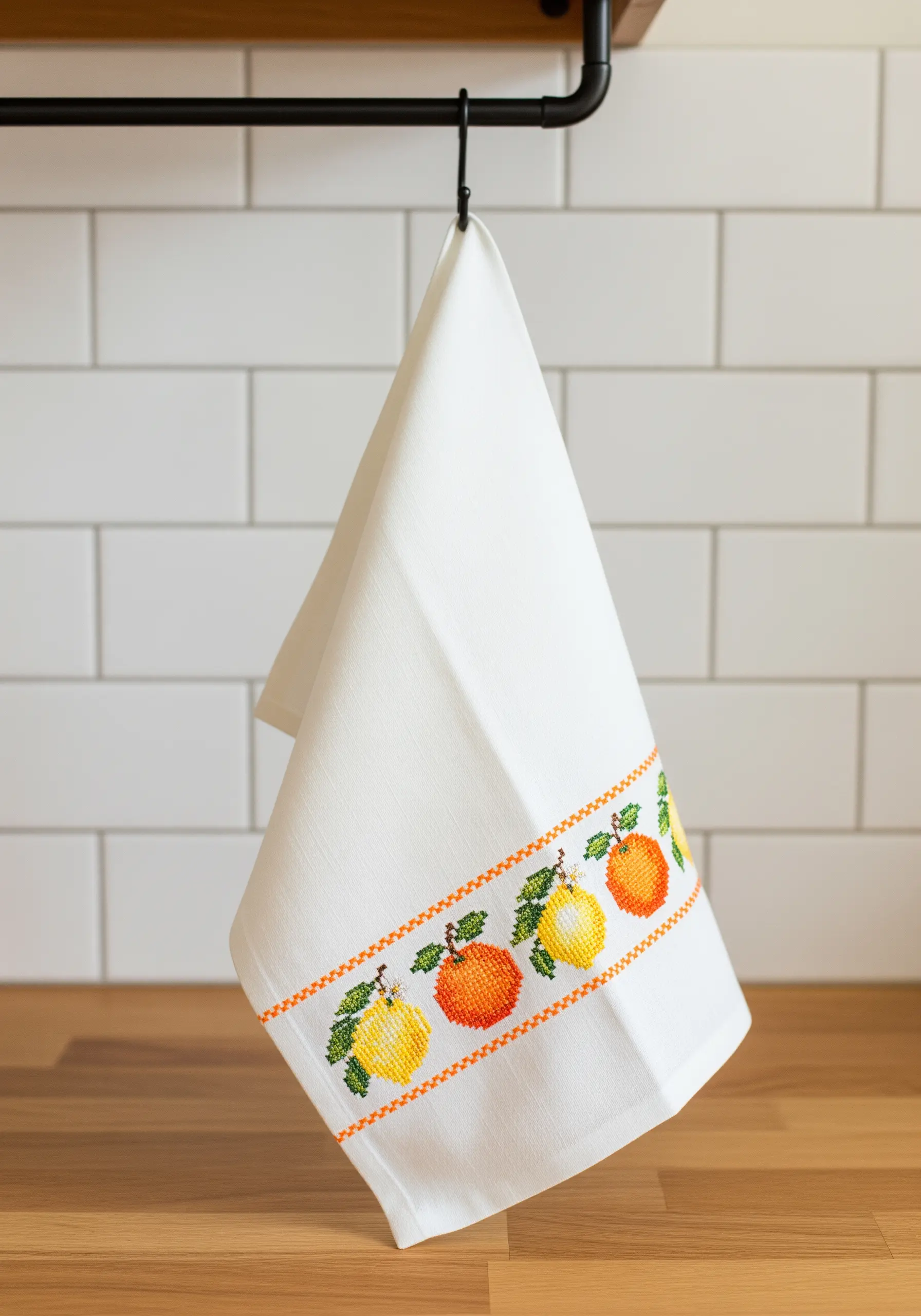Cross stitch citrus fruit border on white tea towel