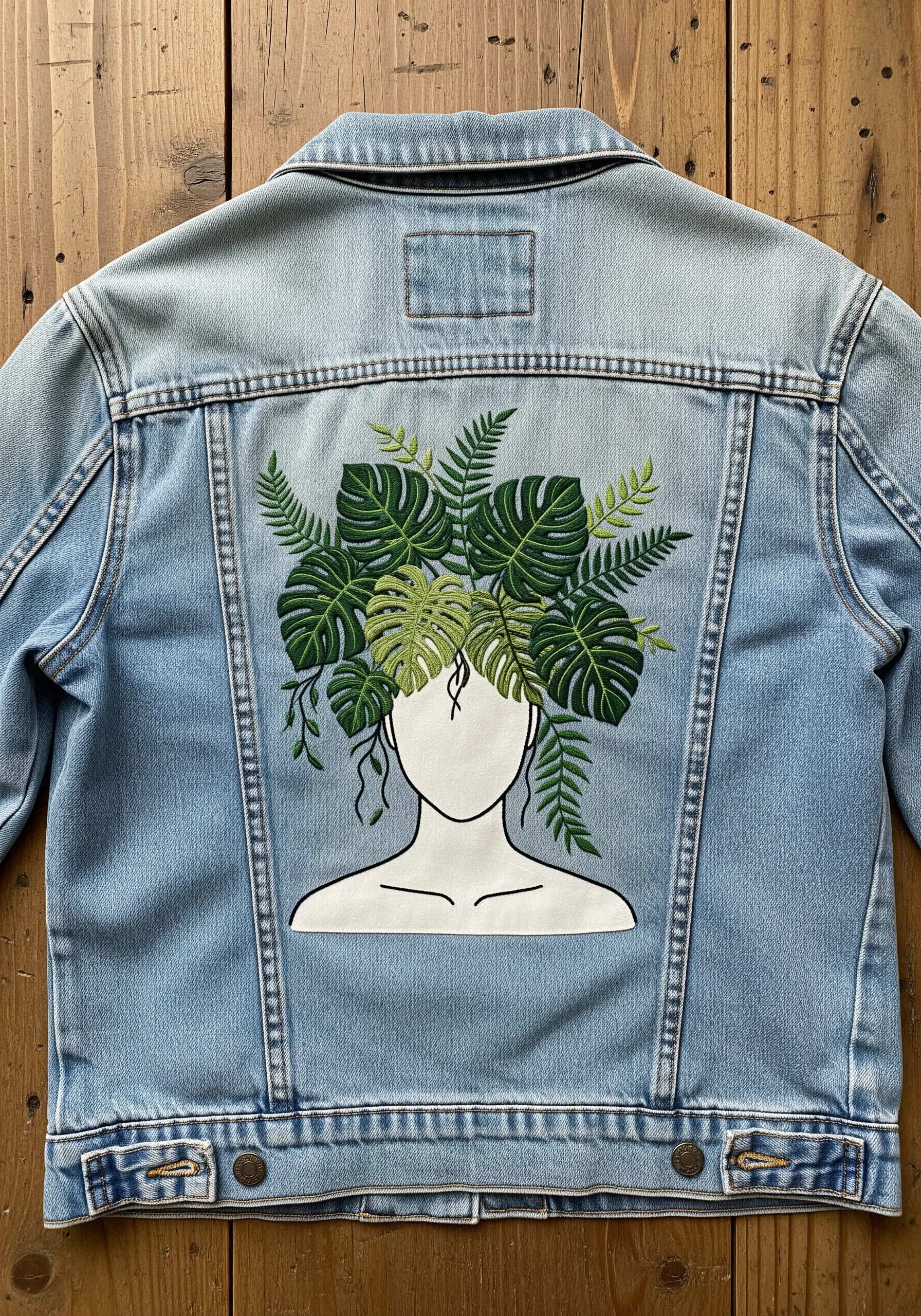 A white silhouette on a denim jacket, with a lush crown of embroidered green leaves and ferns.