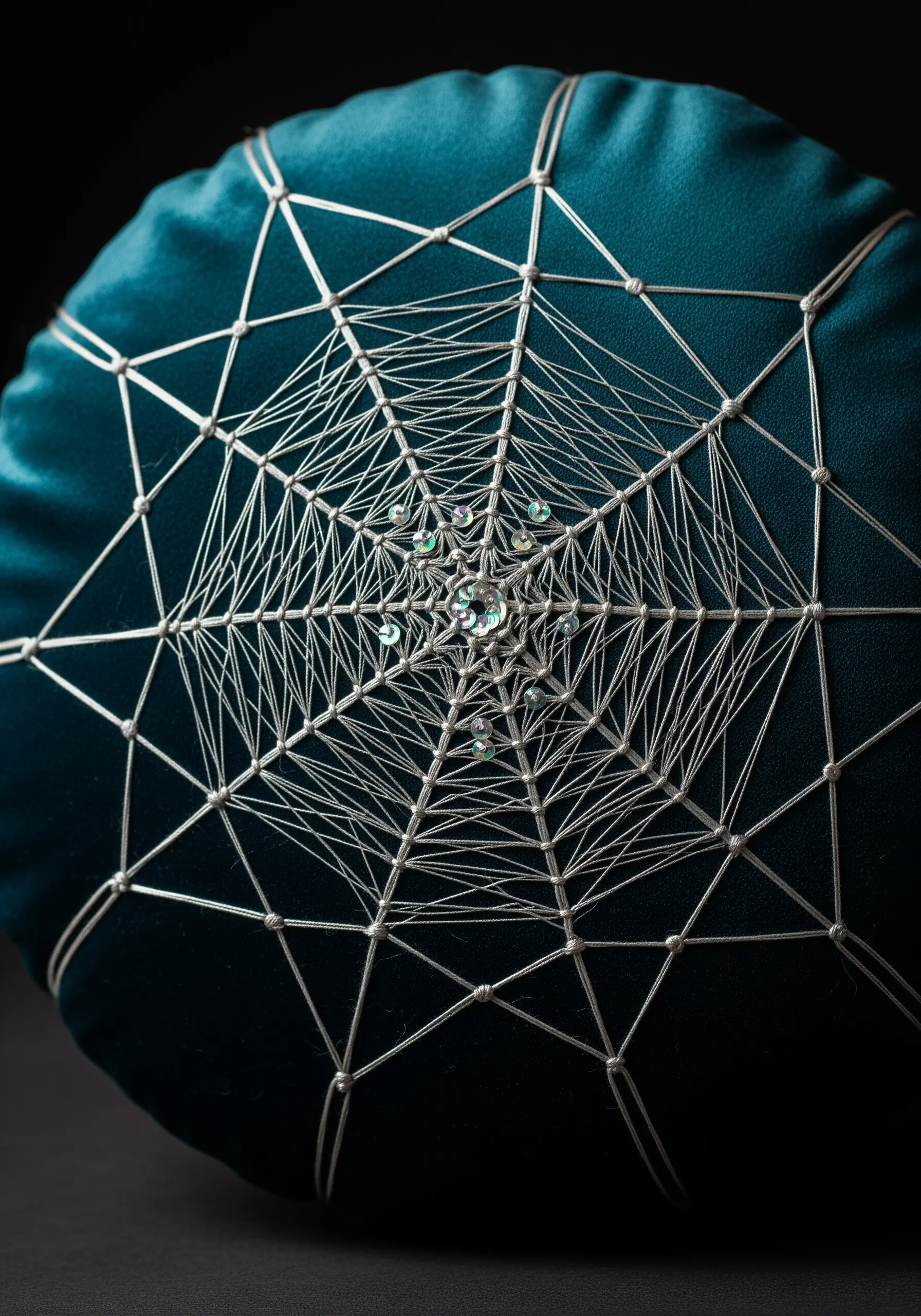 An intricate web of silver metallic thread and crystals on a dark teal velvet round pillow.