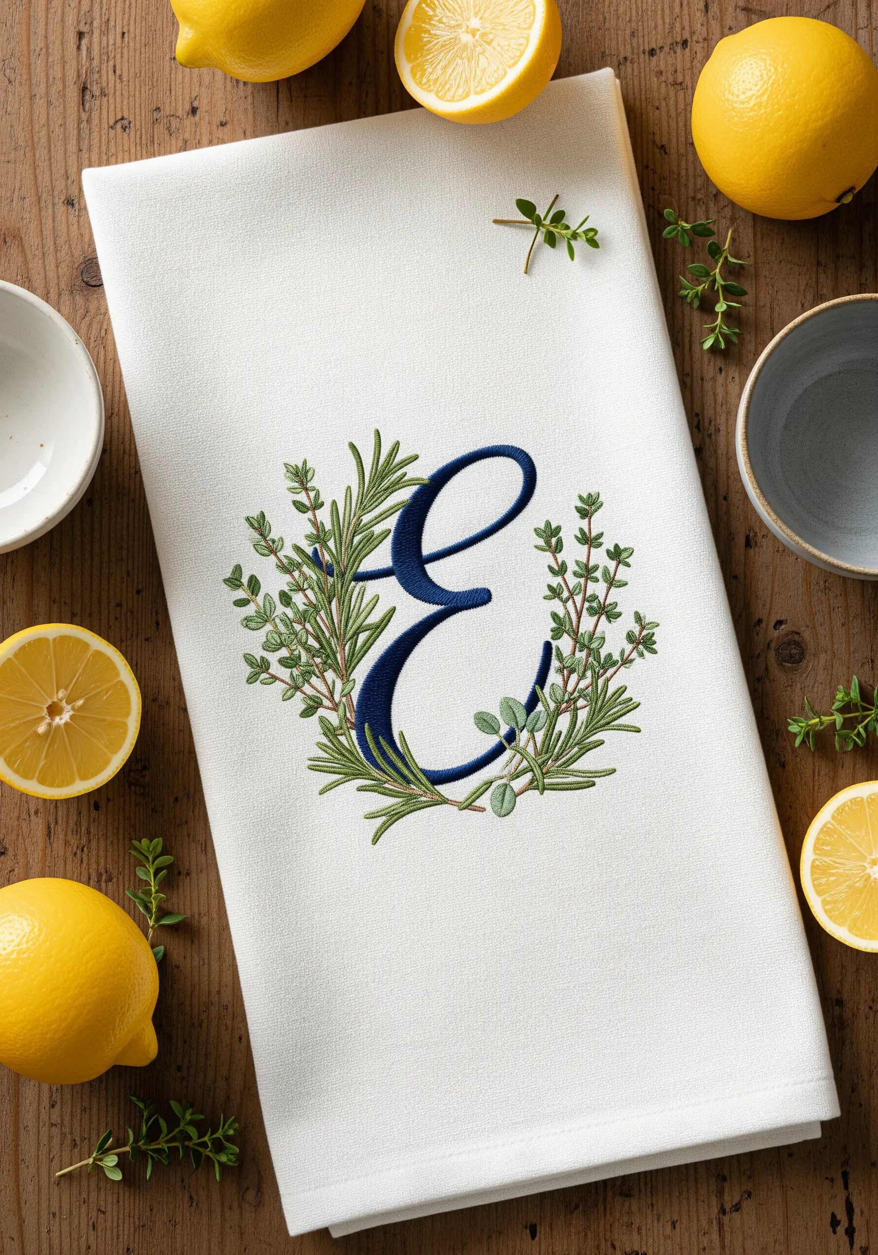 Kitchen towel with navy blue script letter E surrounded by rosemary and thyme herbs