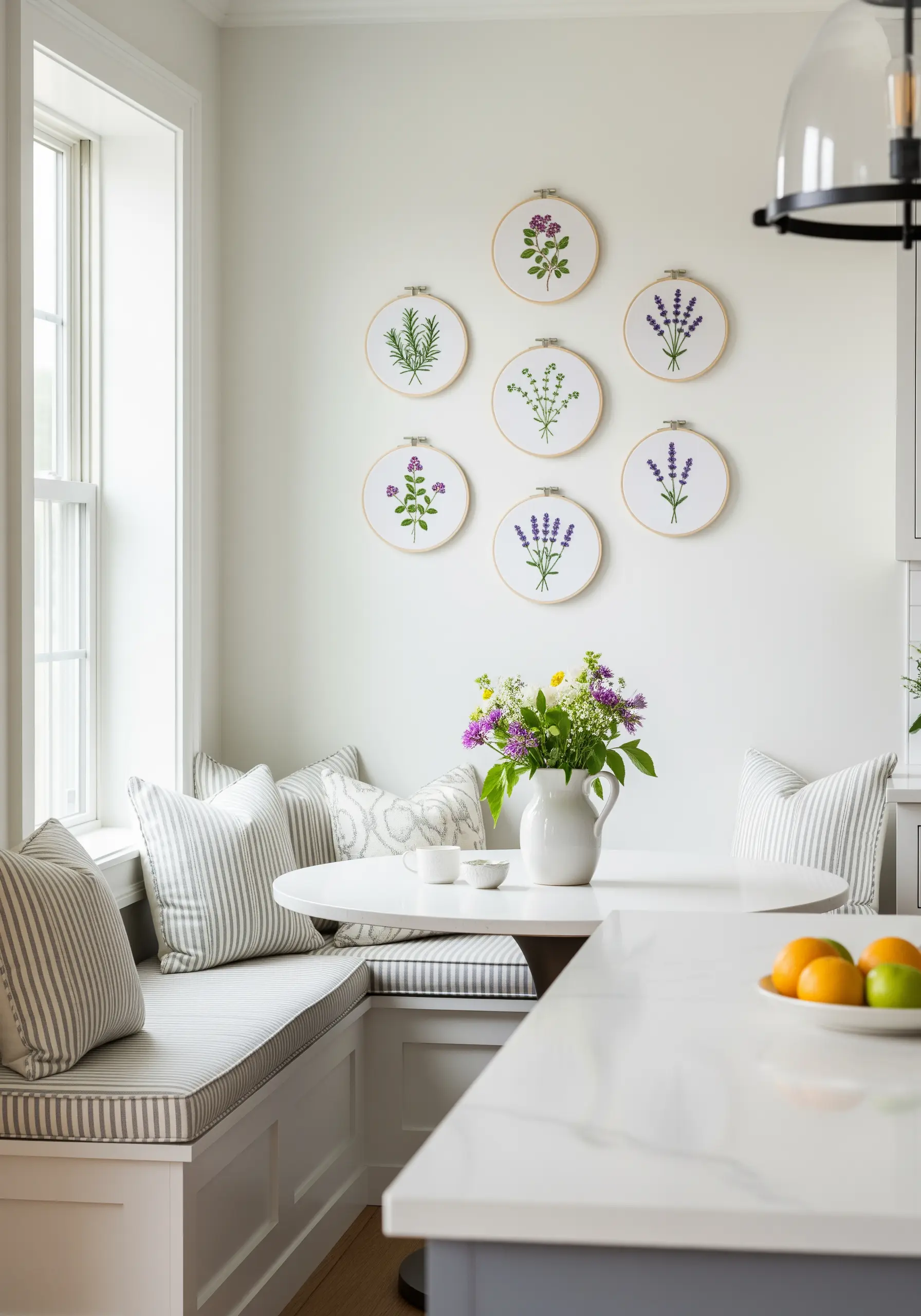 A gallery wall of seven small embroidery hoops featuring different herbs like rosemary and lavender.