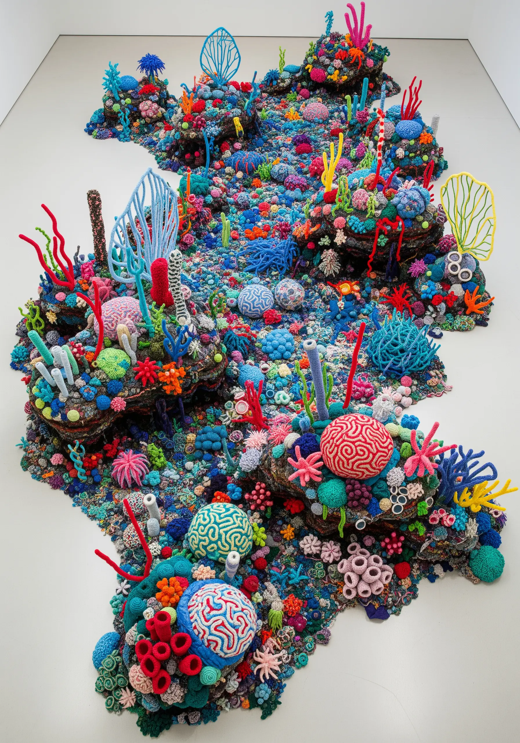 A vibrant, dense fiber art piece mimicking a coral reef with crocheted and knotted textures.