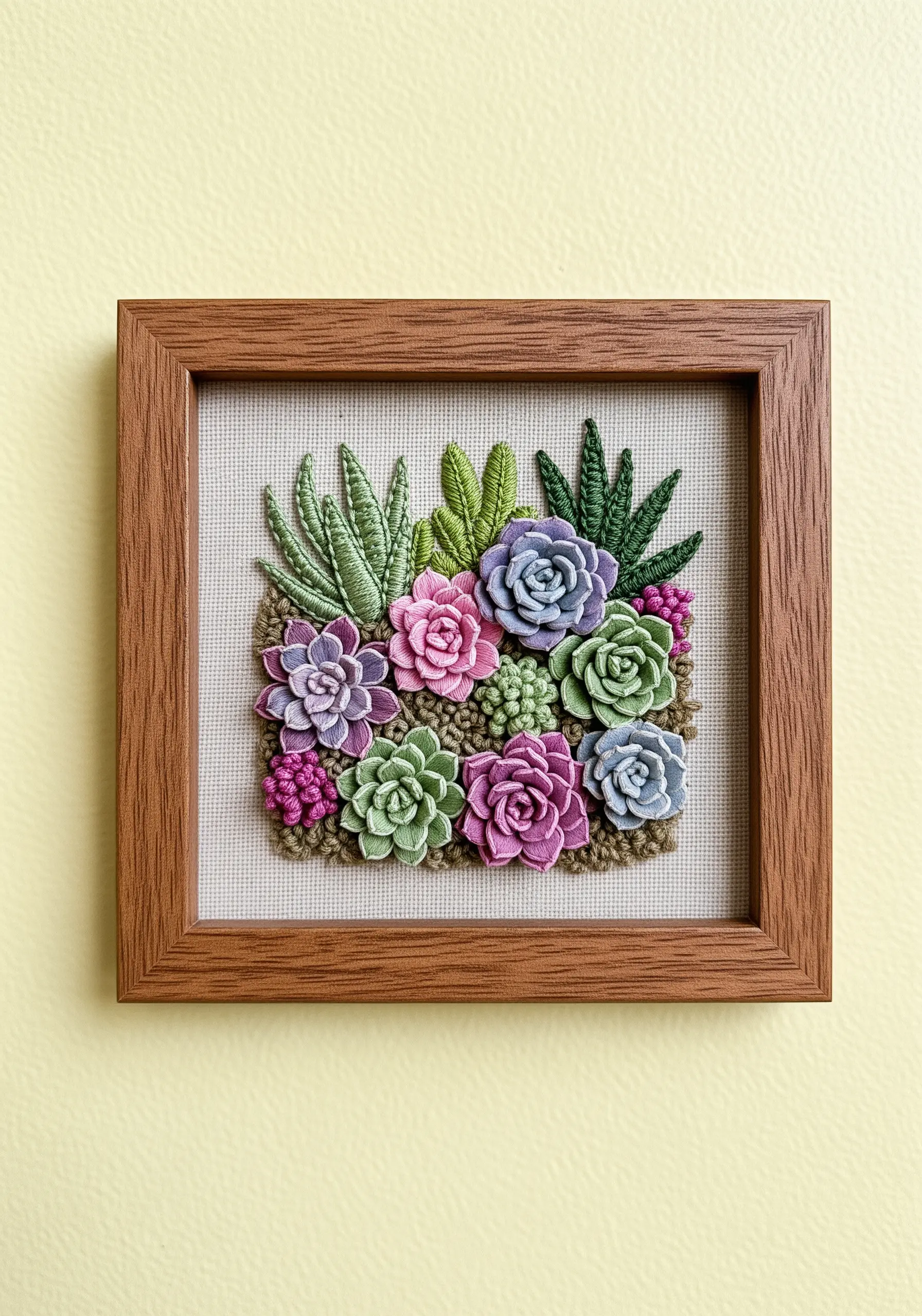 A framed, highly dimensional embroidery of various colorful succulents.