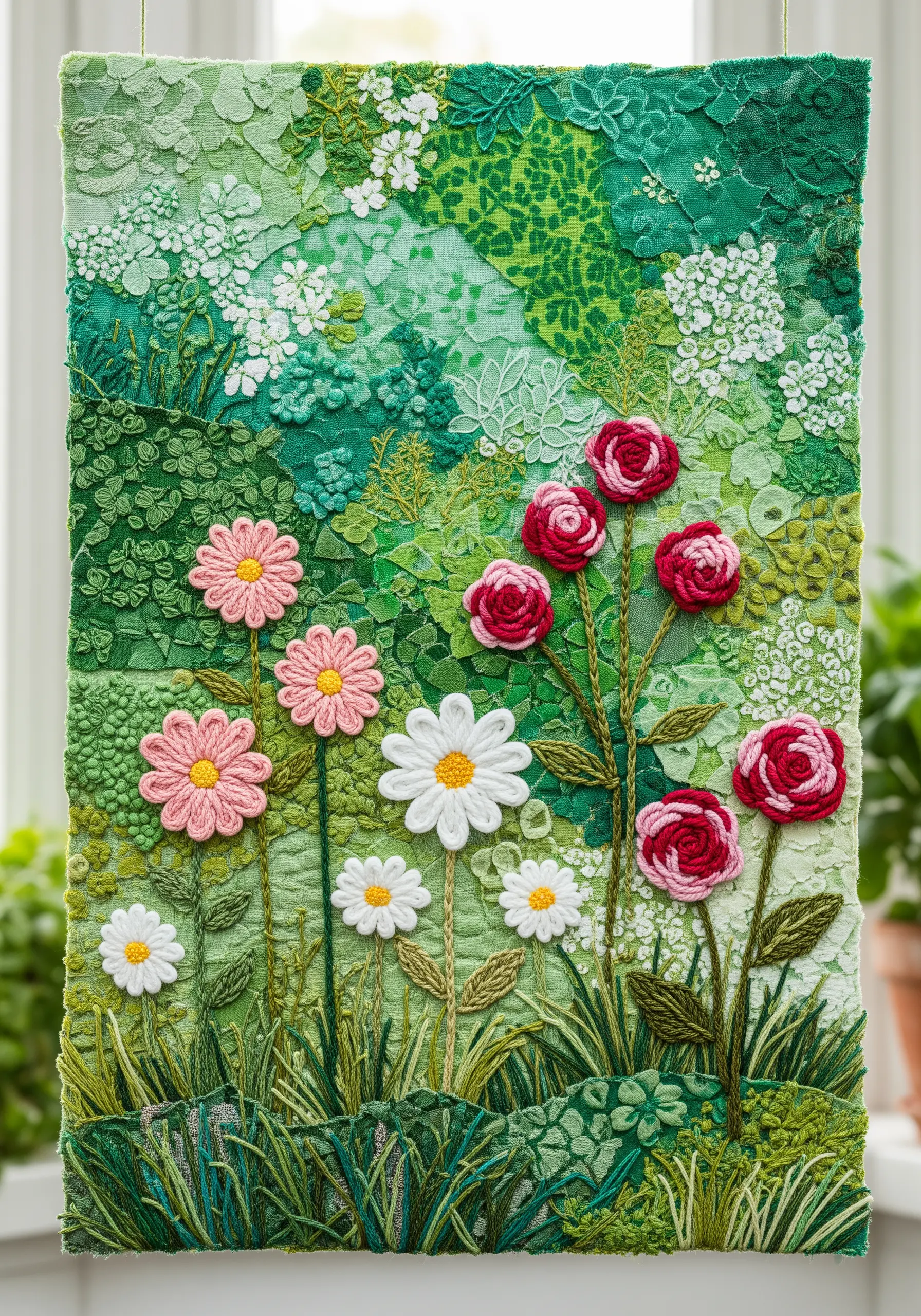 A lush garden scene made from a monochromatic collage of green textured fabrics and lace.