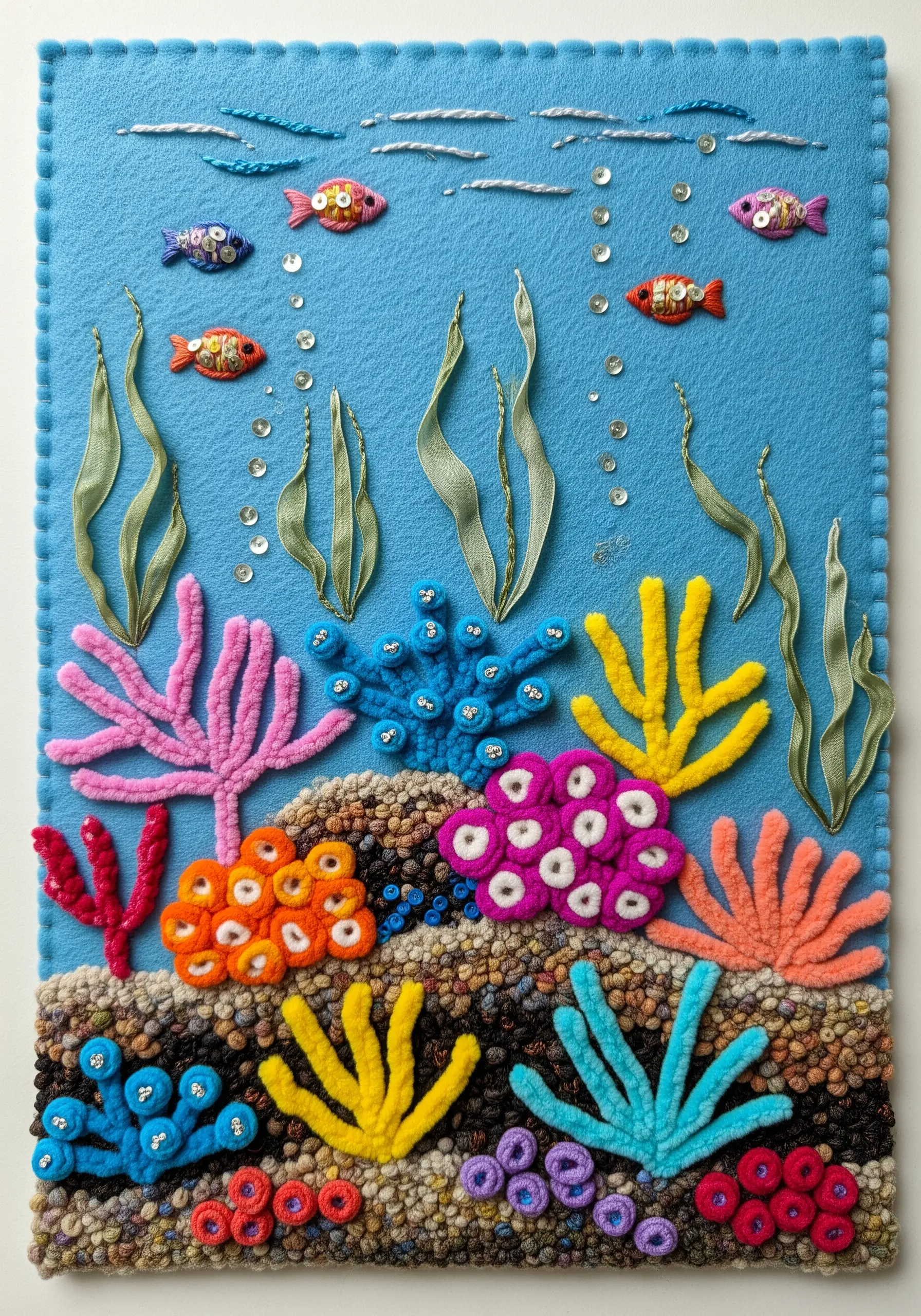 A colorful embroidered coral reef using yarn, ribbon, and beads on a blue felt background.