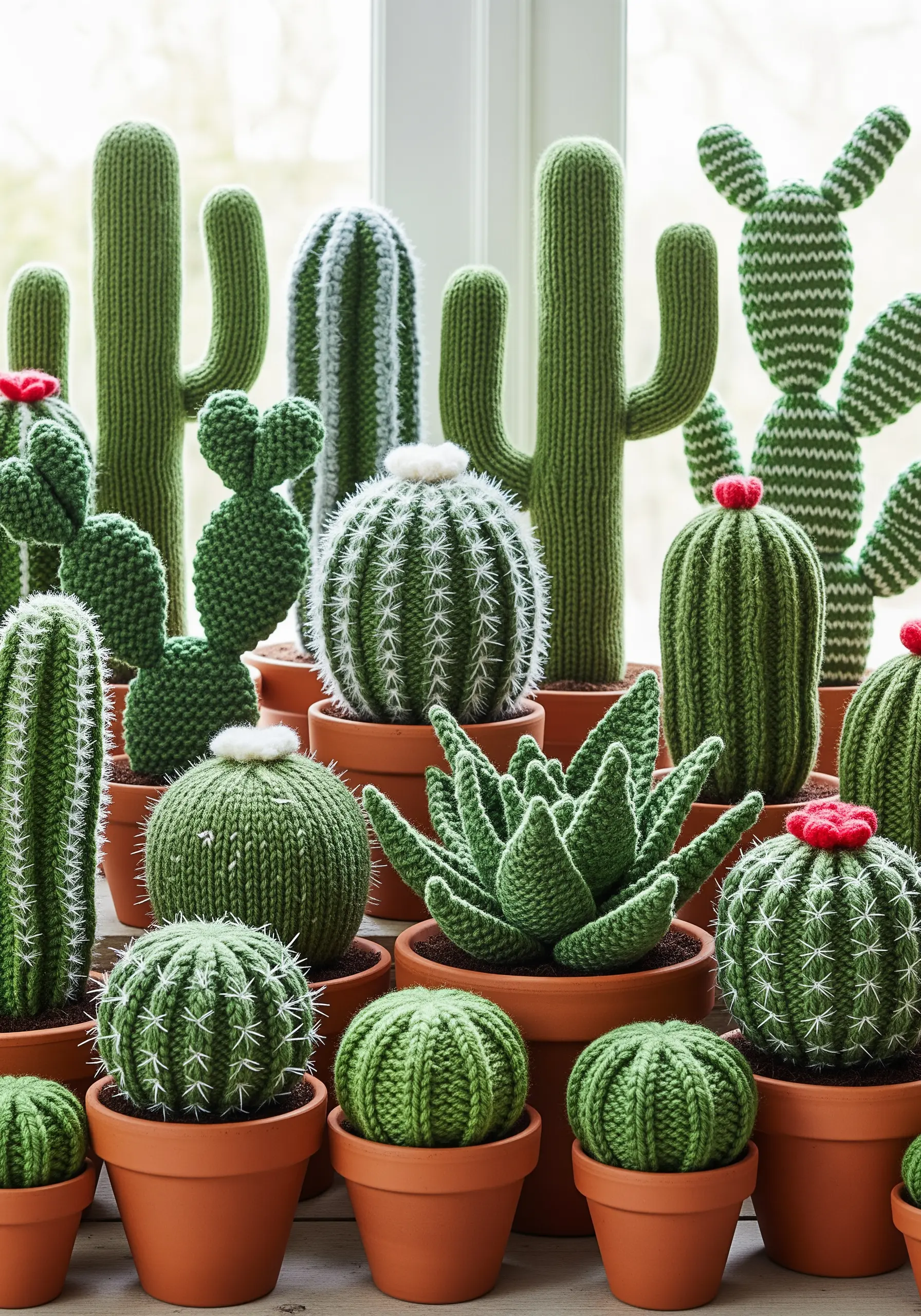 A collection of various knitted cacti and succulents potted in terracotta pots.