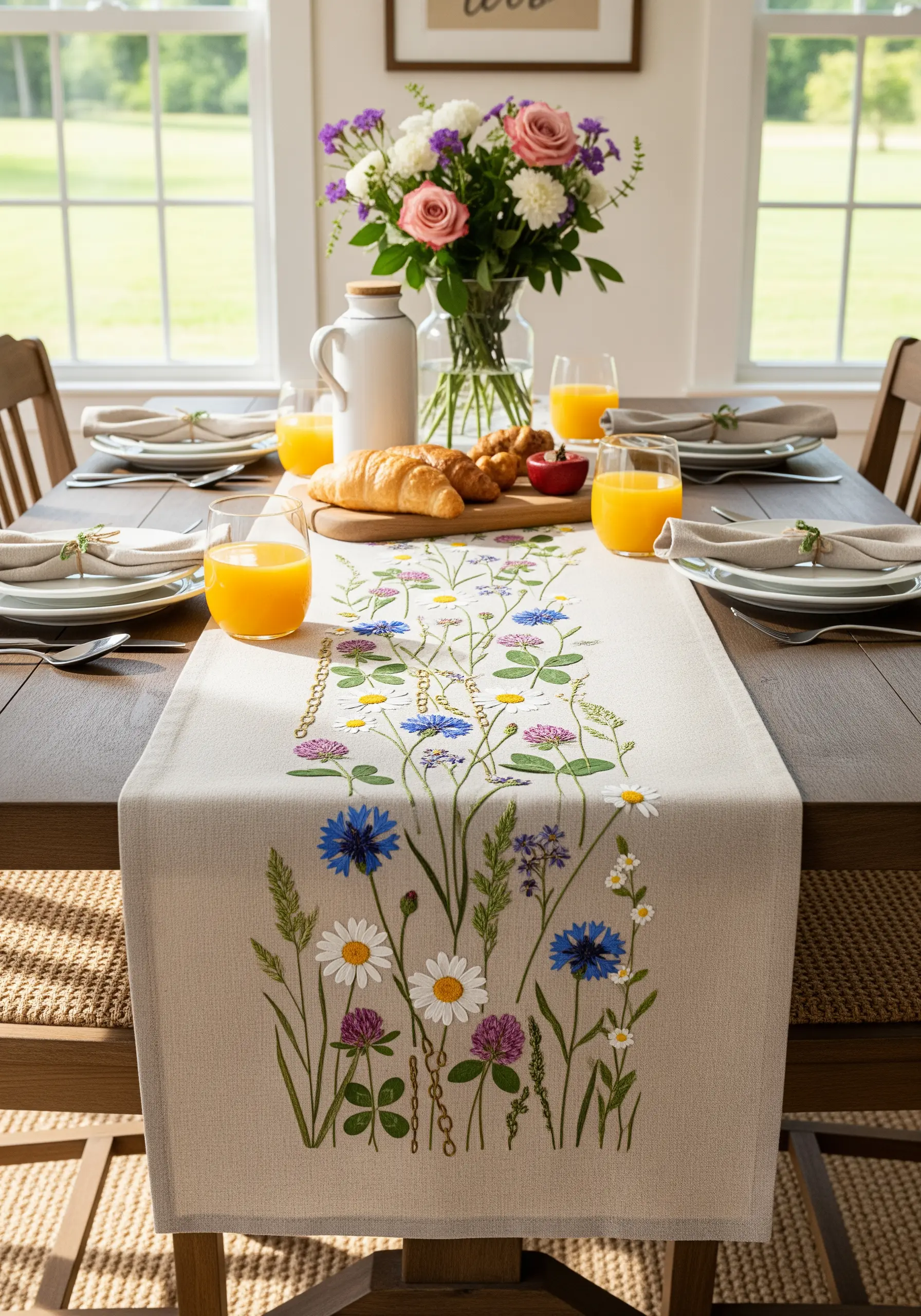 A linen table runner embroidered with a wildflower meadow of daisies, cornflowers, and clover.