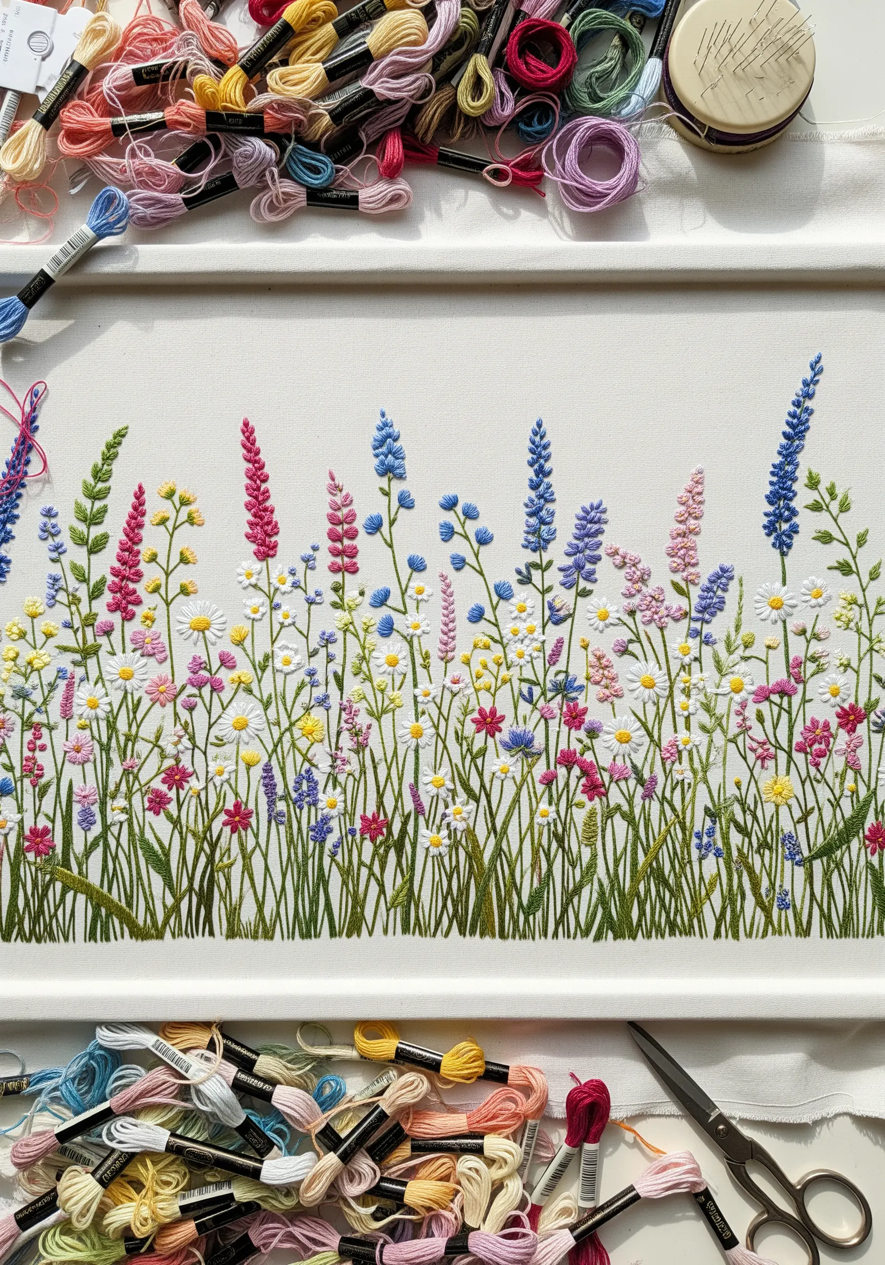 A detailed embroidery of a colorful wildflower meadow with various stitch textures.