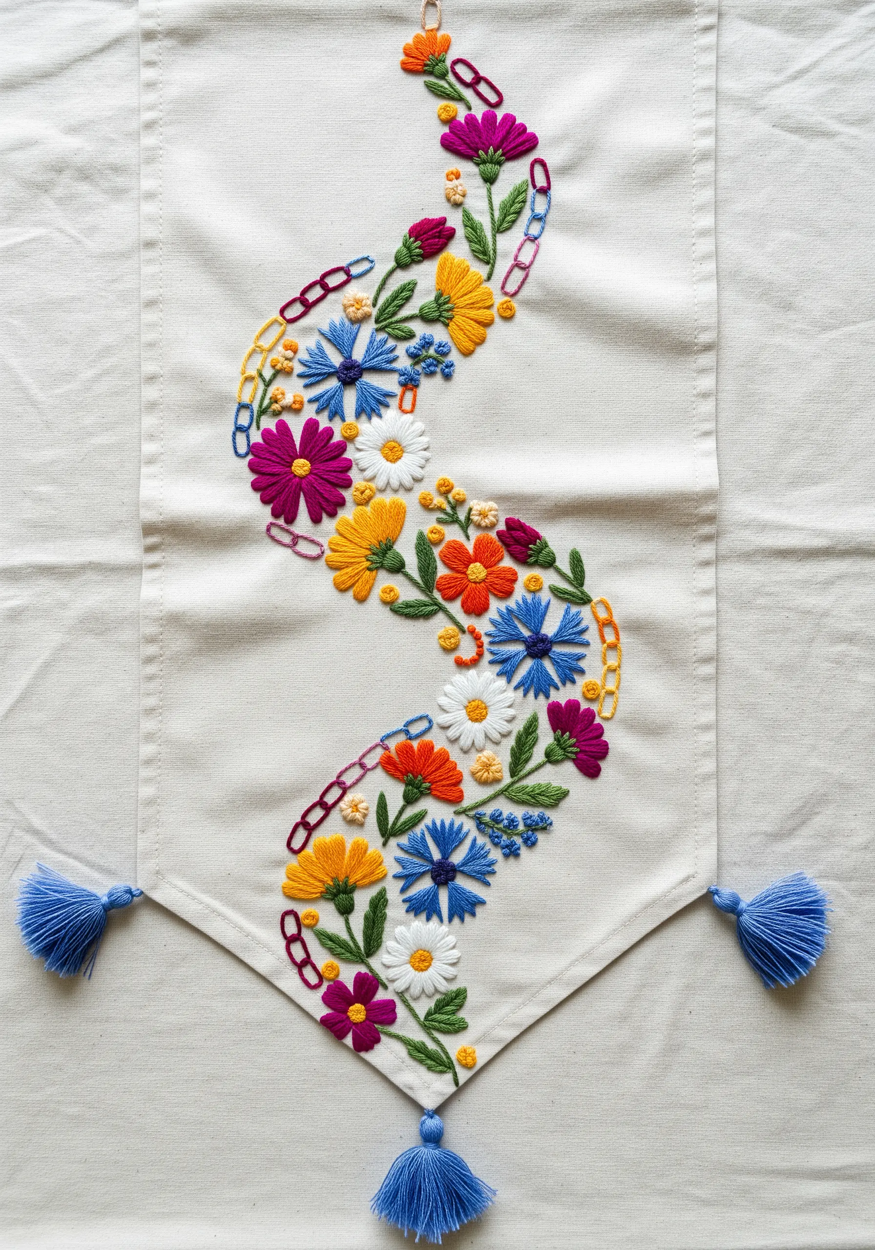 A white table runner with a colorful, meandering floral embroidery design and blue tassels.