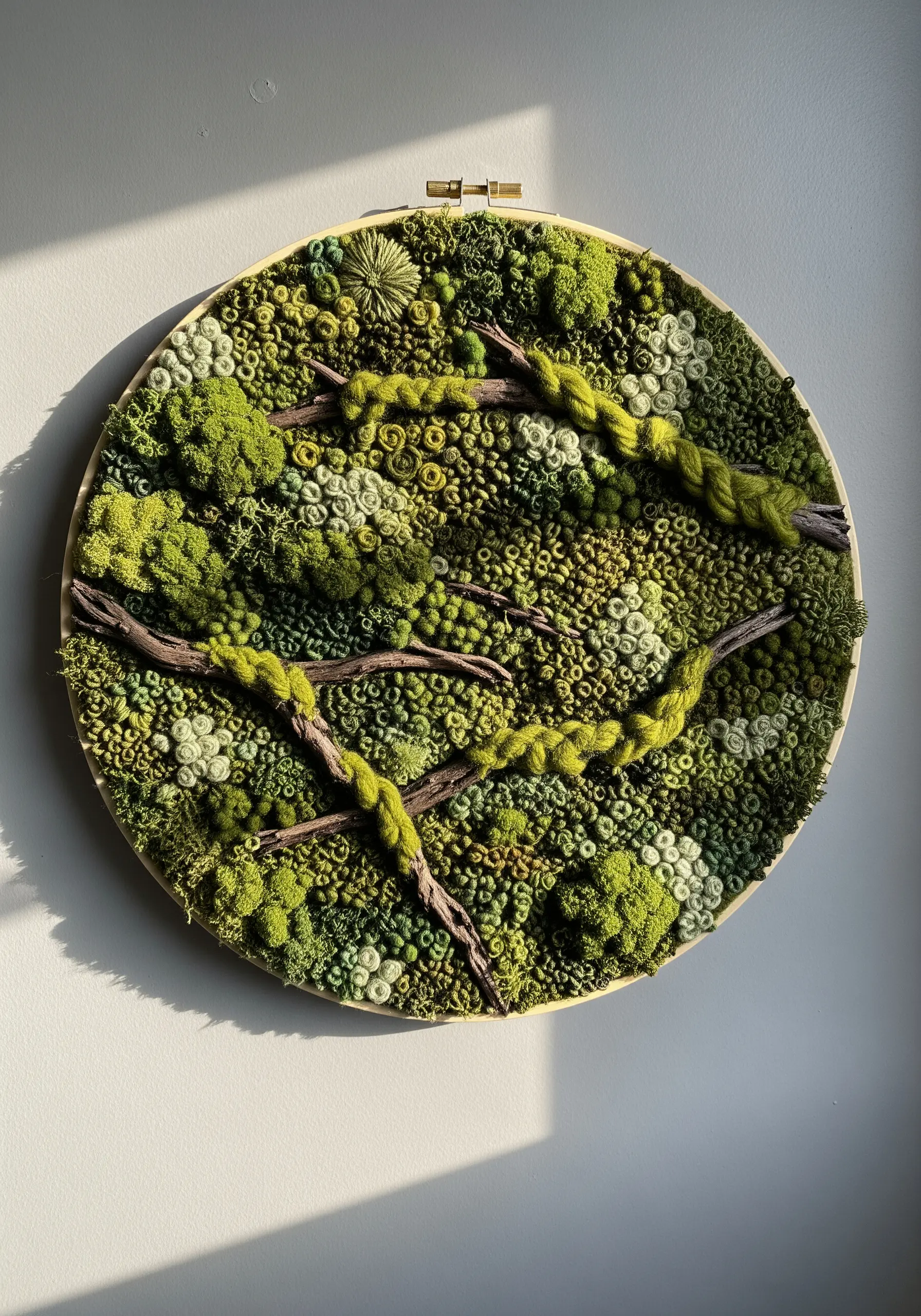 Embroidery hoop filled with dense green French knots and real twigs, mimicking a mossy forest floor.