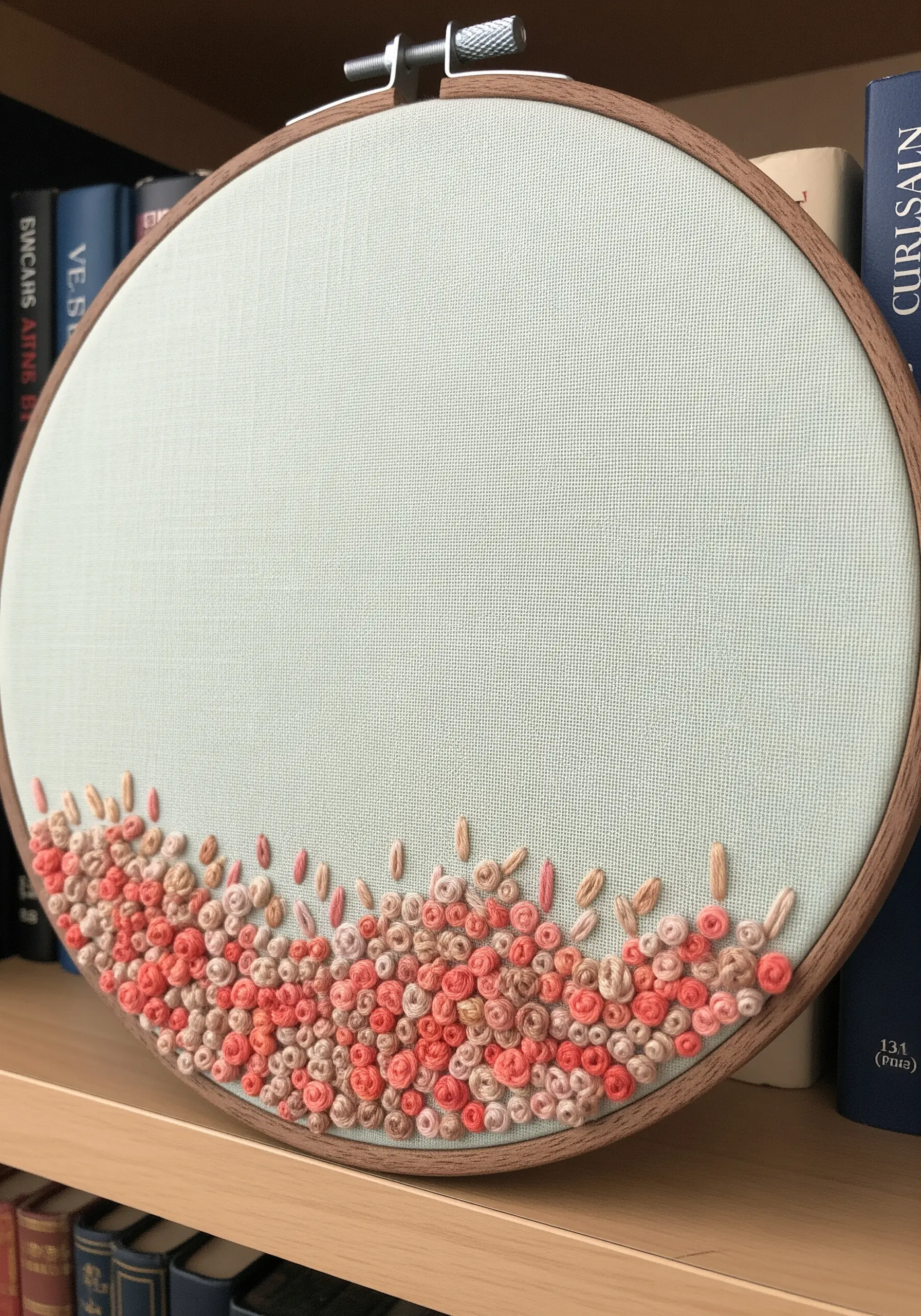 A dense cluster of pink and coral French knots and stitches at the bottom of a hoop.