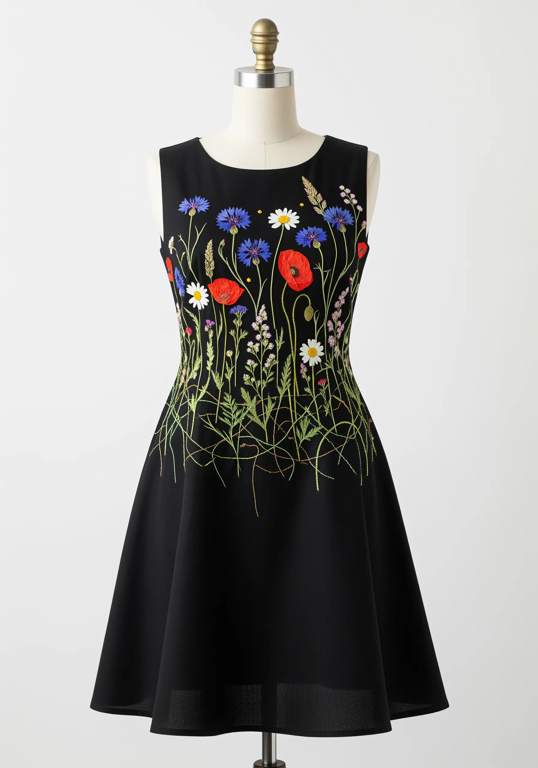 A black sleeveless dress with a dense arrangement of pressed wildflowers on the bodice.