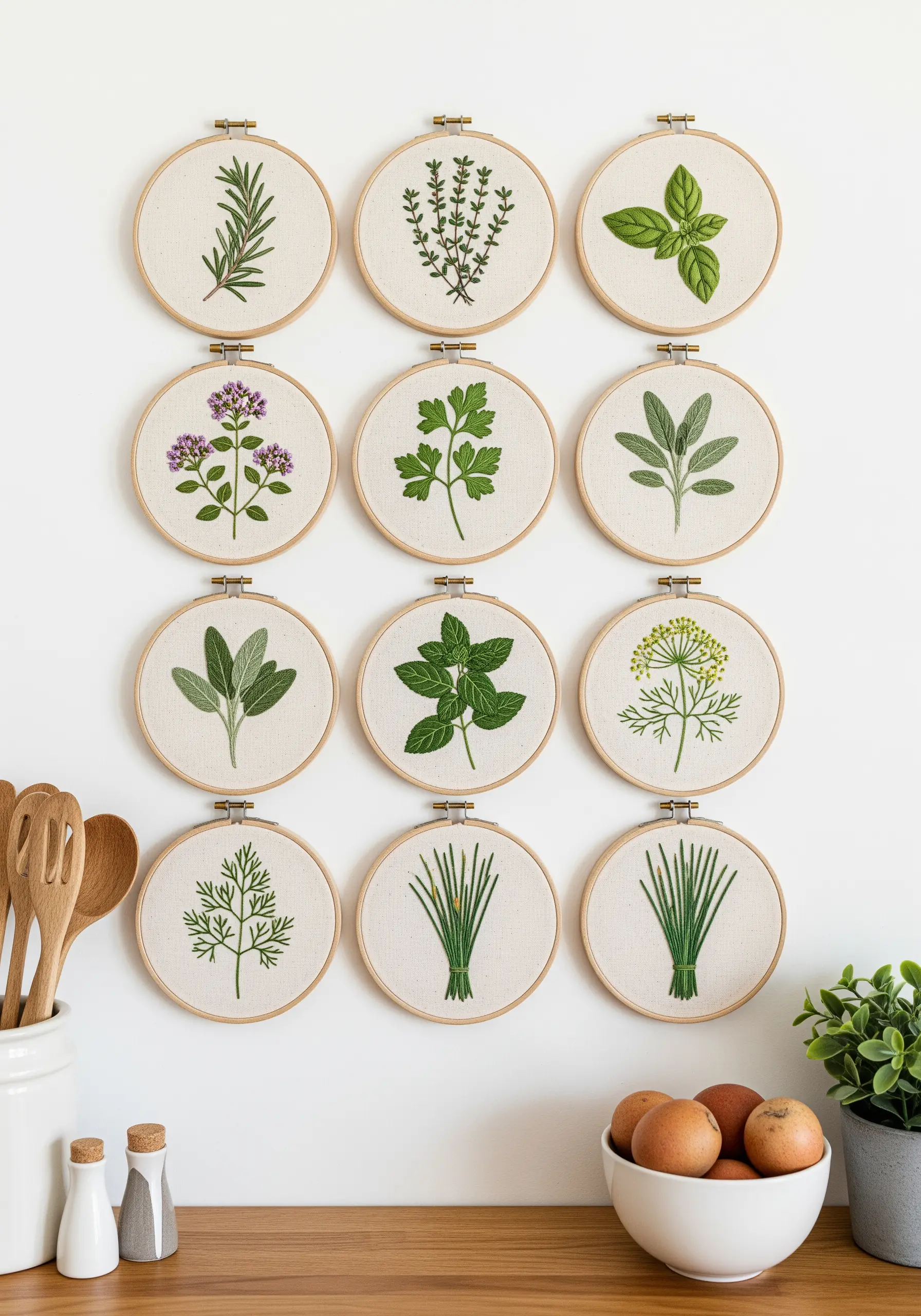 A perfectly aligned grid of twelve embroidery hoops, each featuring a different stitched herb.