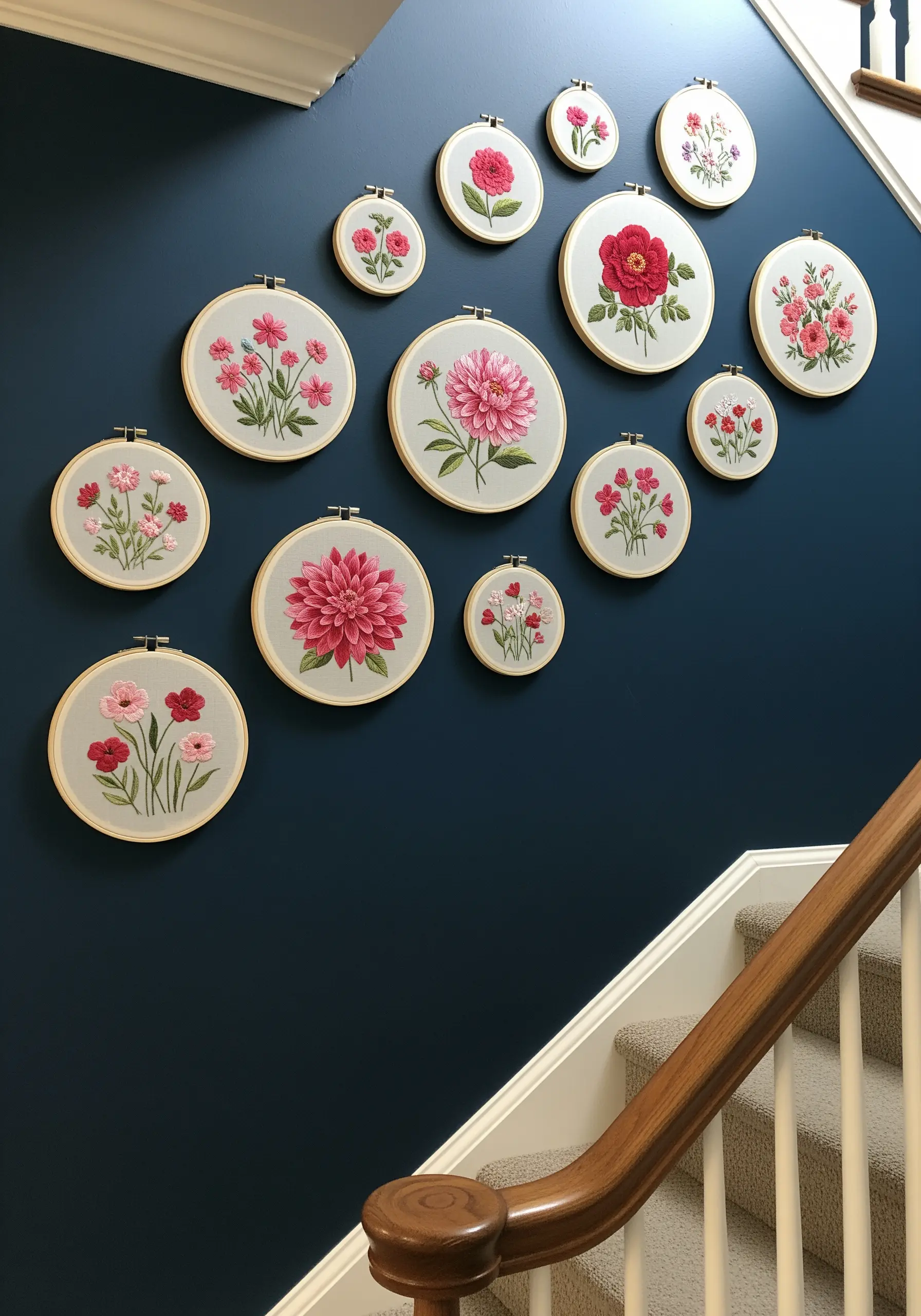 A collection of embroidery hoops with pink and red flowers arranged up a dark blue staircase wall.