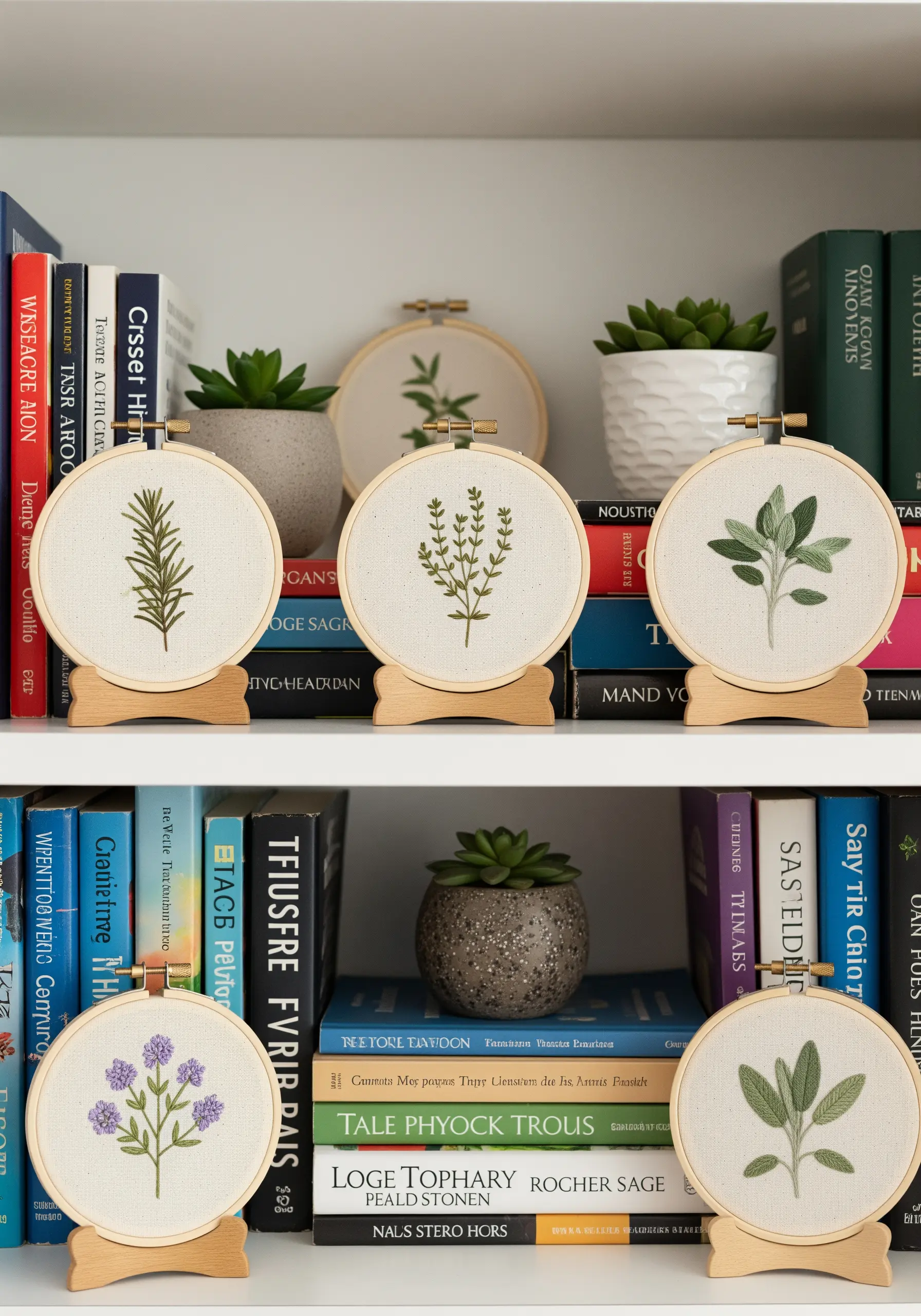A collection of small embroidery hoops with different herb motifs displayed on a bookshelf.