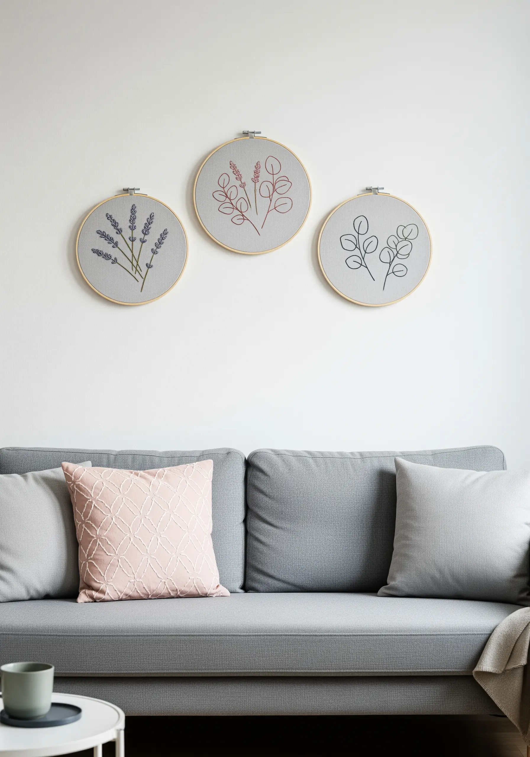 A trio of embroidered botanical hoops featuring lavender and eucalyptus in muted colors.