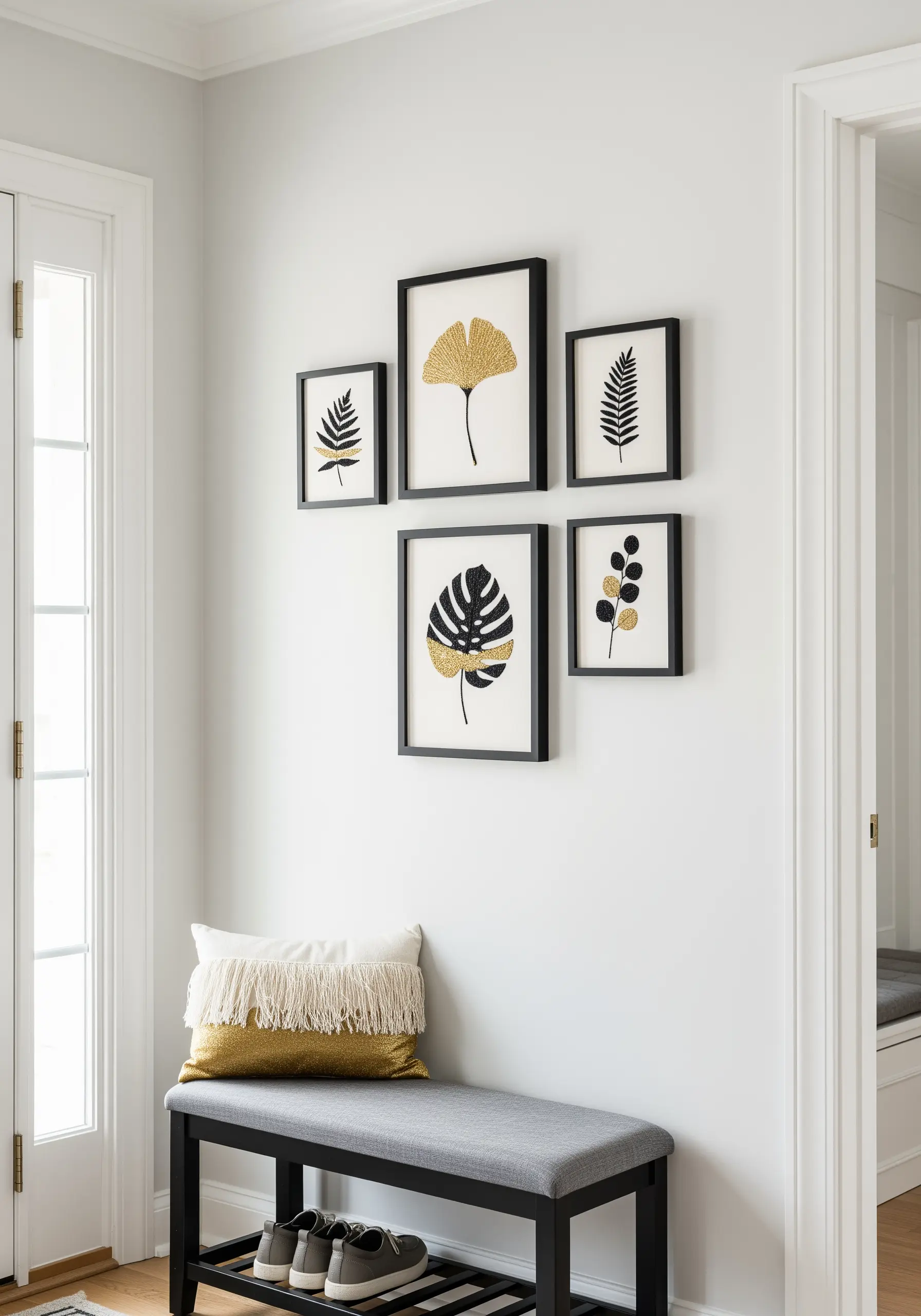 A gallery wall of five framed botanical embroideries with black outlines and gold satin stitch details.