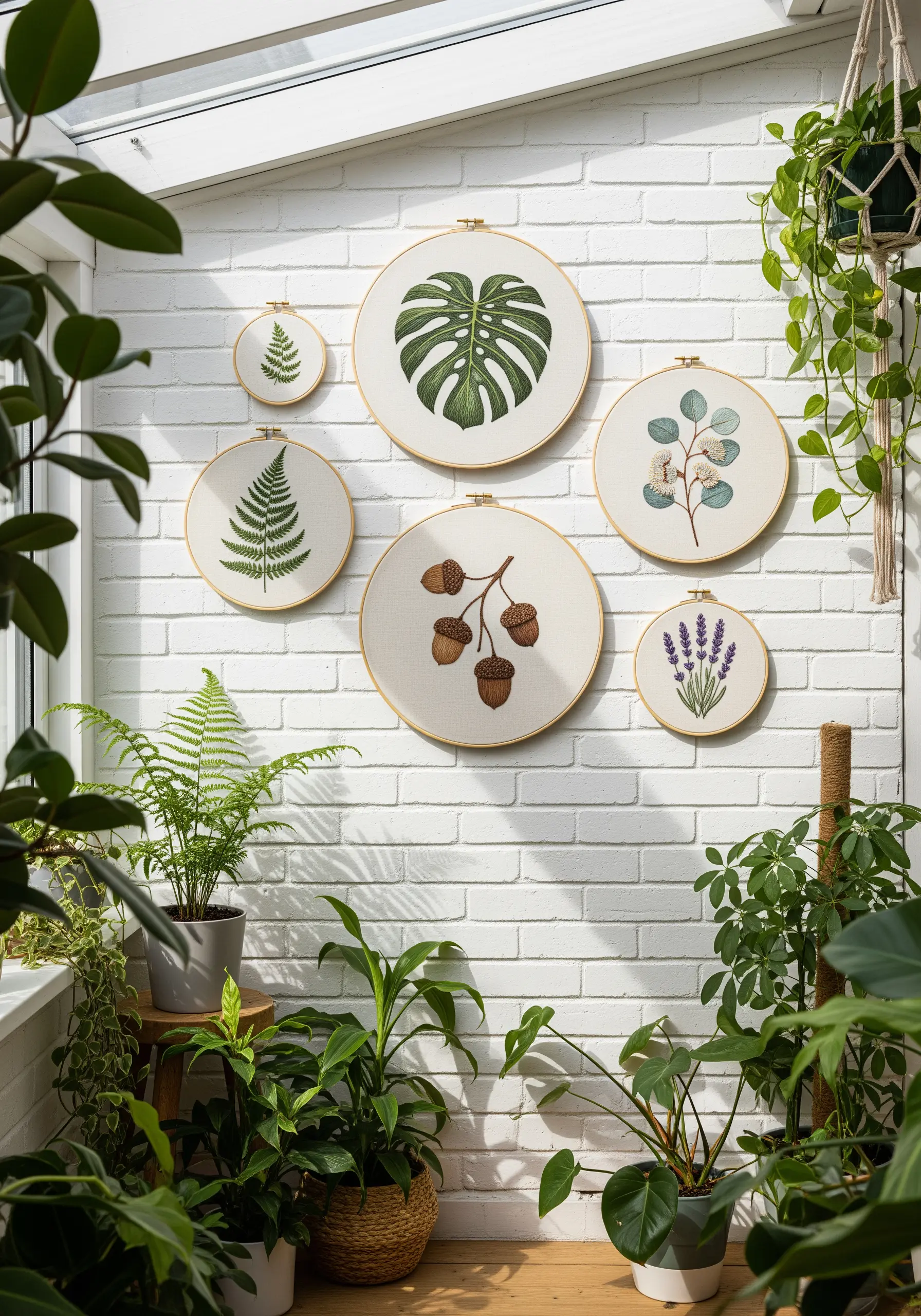 A gallery wall of botanical embroidery hoops featuring leaves, acorns, and lavender