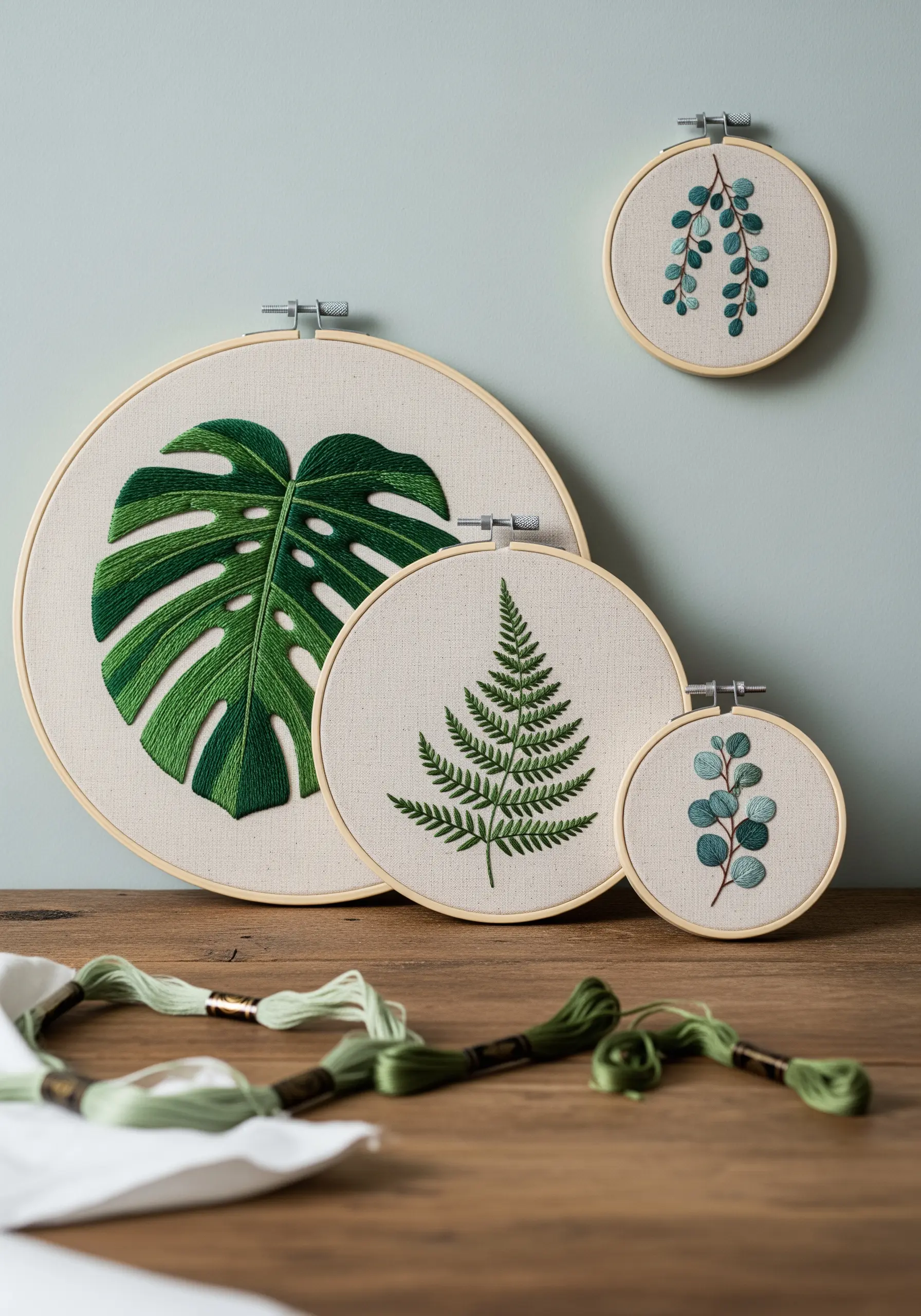 Three botanical embroidery hoops with Monstera, fern, and eucalyptus leaves.