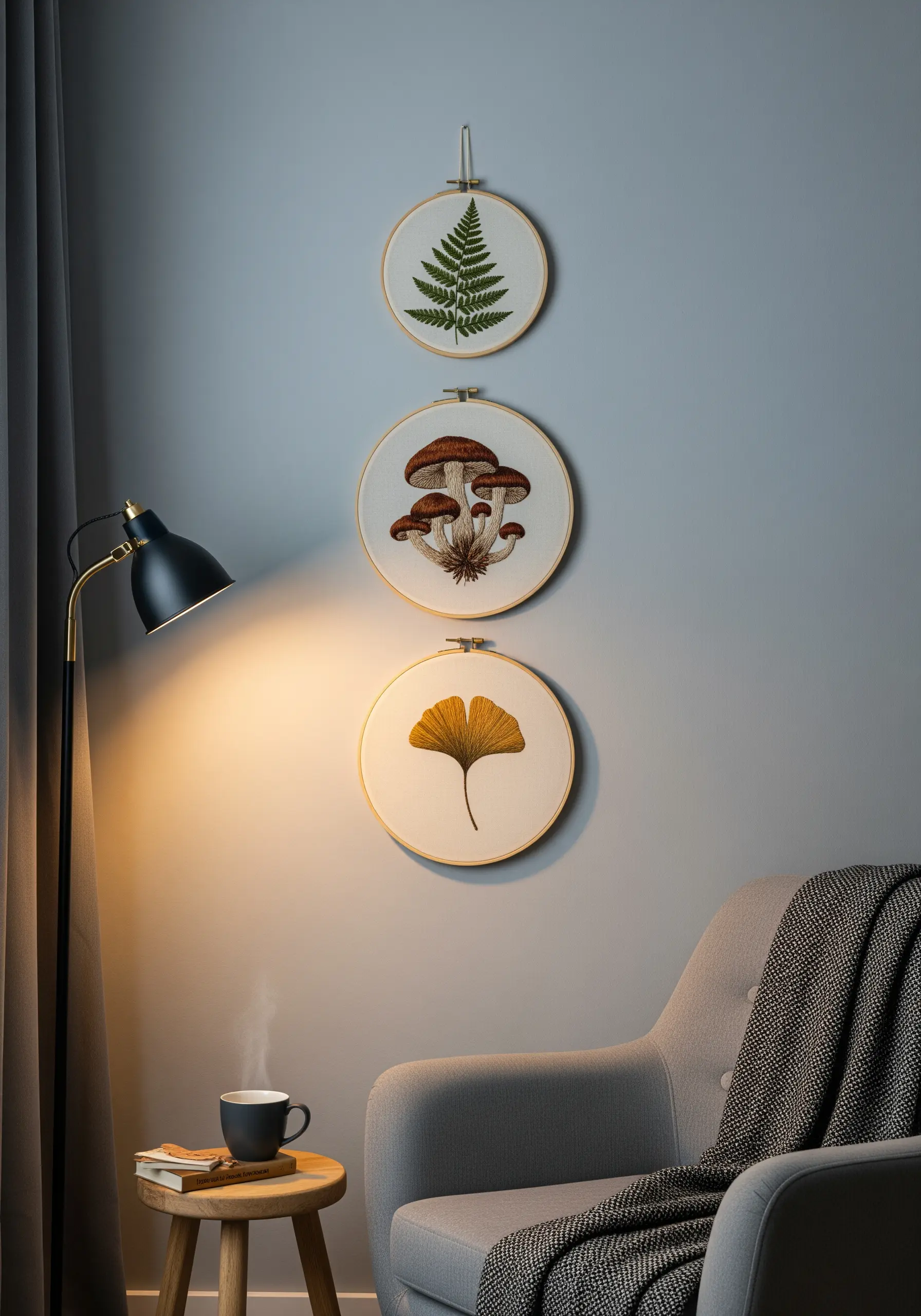 A trio of embroidery hoops displaying a fern, mushrooms, and a ginkgo leaf.
