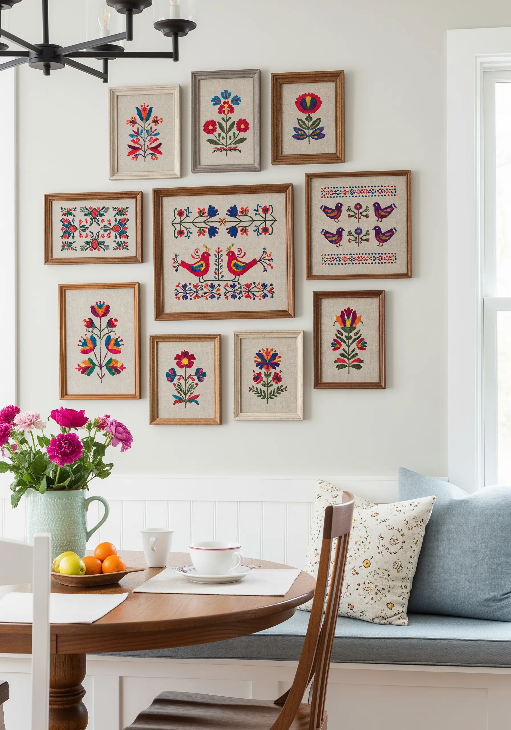 A gallery wall of multiple framed folk-art embroideries featuring stylized birds and flowers.