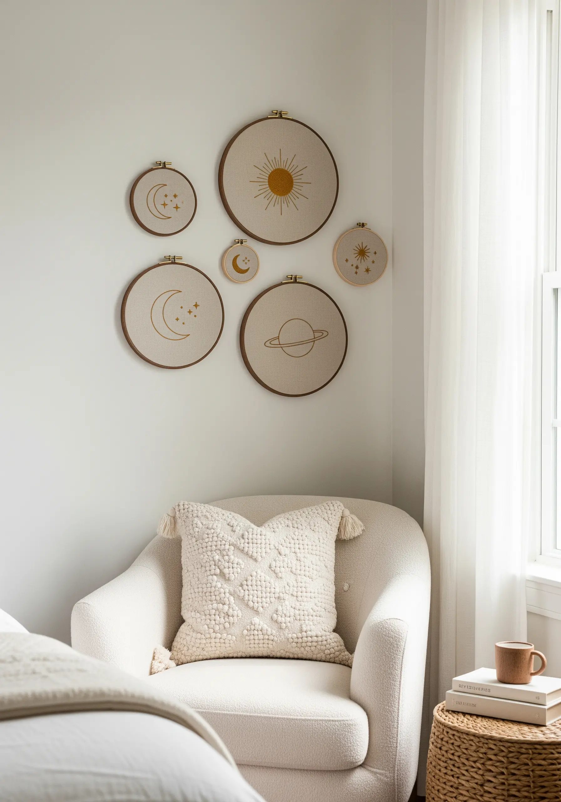 A gallery wall of celestial embroidery hoops in various sizes above a chair.