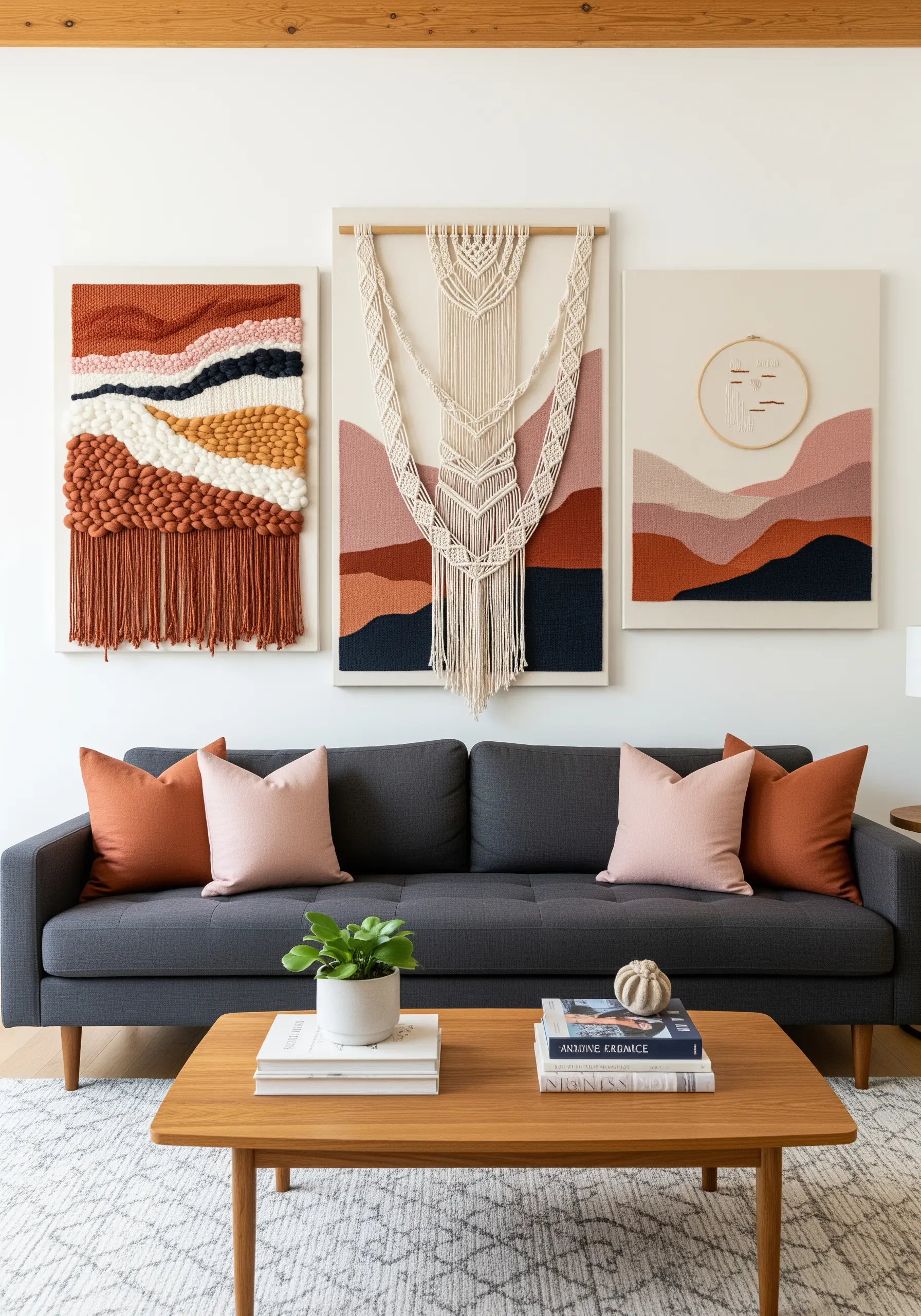 A curated gallery wall with woven, macrame, and landscape art in a cohesive terracotta and blush palette.