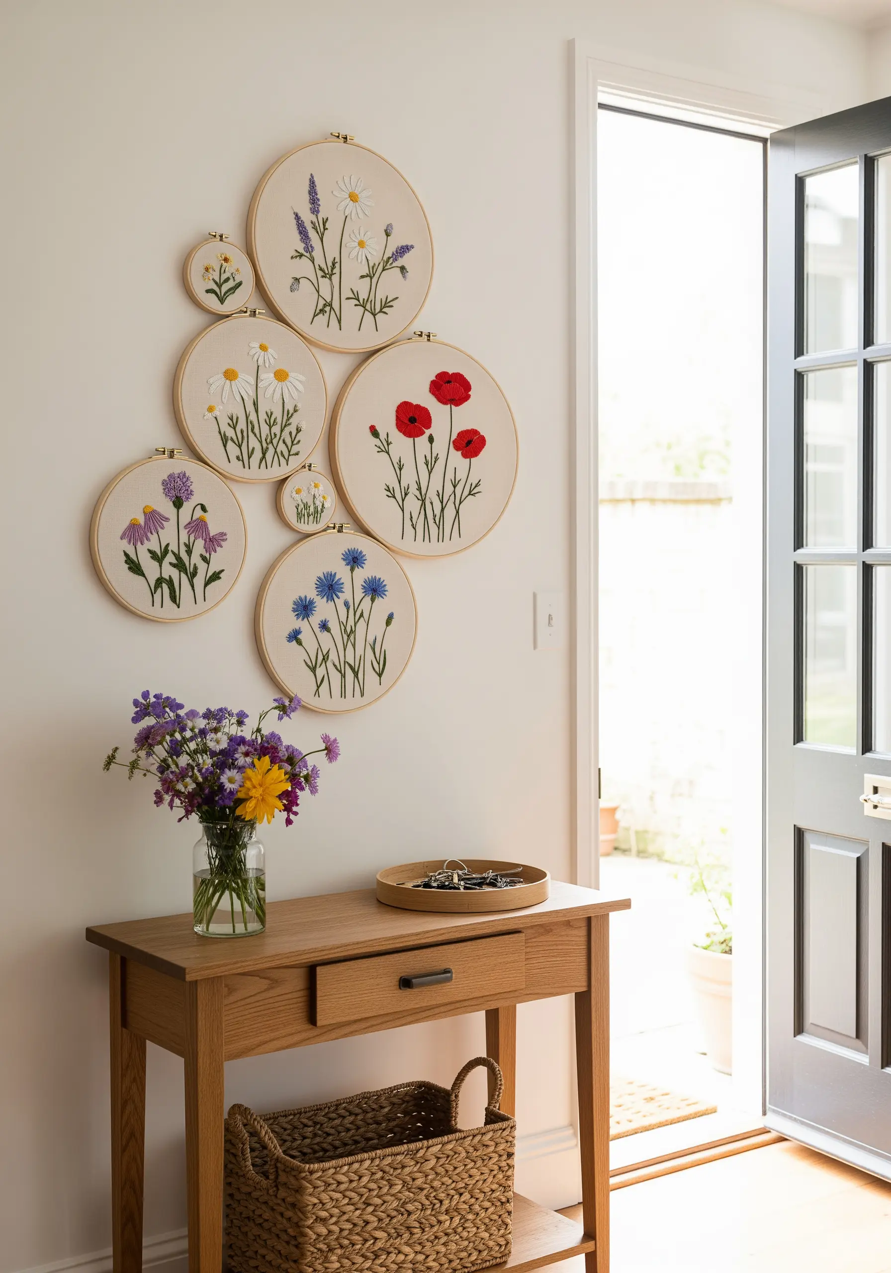 A gallery wall arrangement of seven embroidery hoops with different wildflower designs.