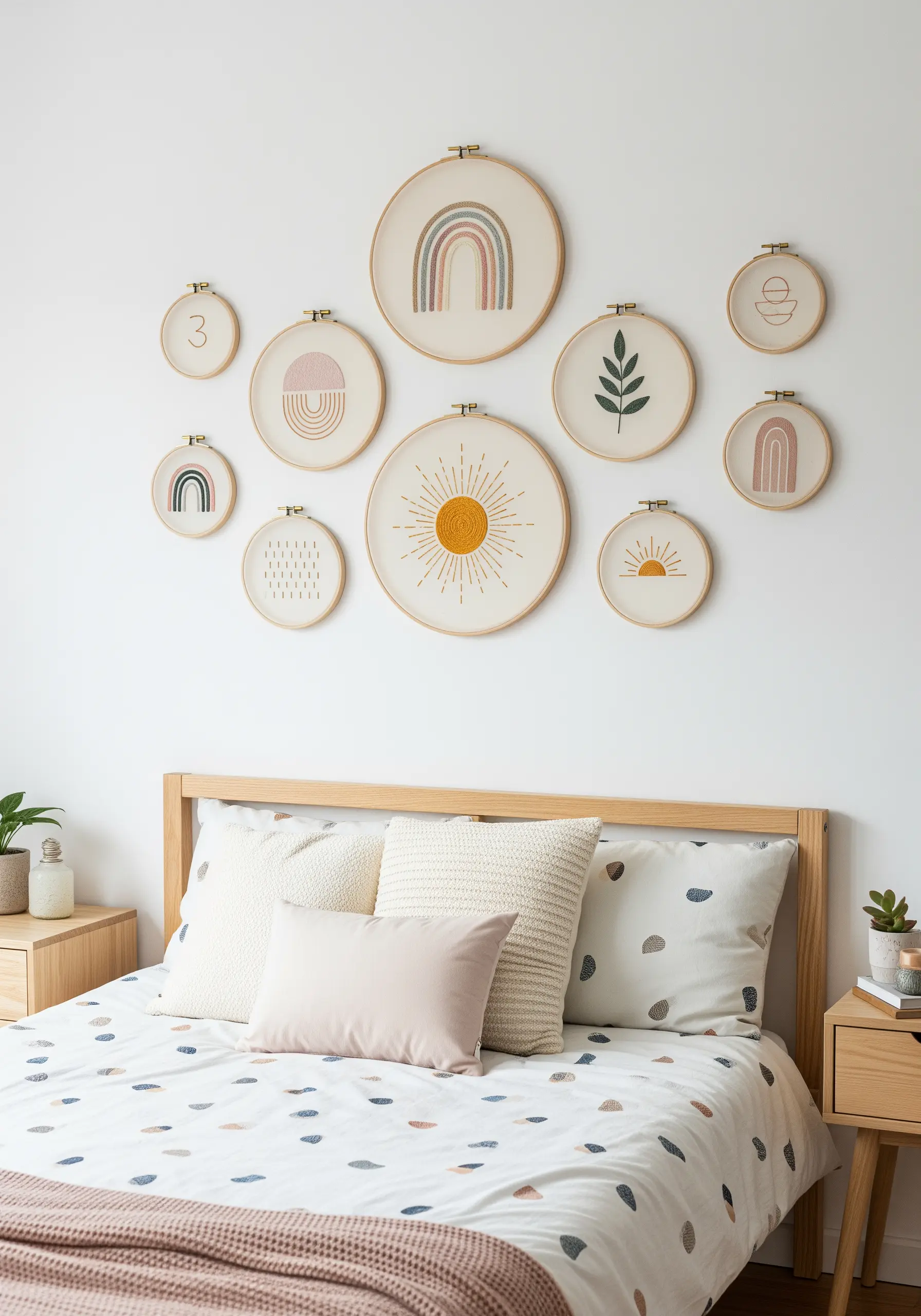 A collection of embroidery hoops with minimalist boho designs hanging above a bed.