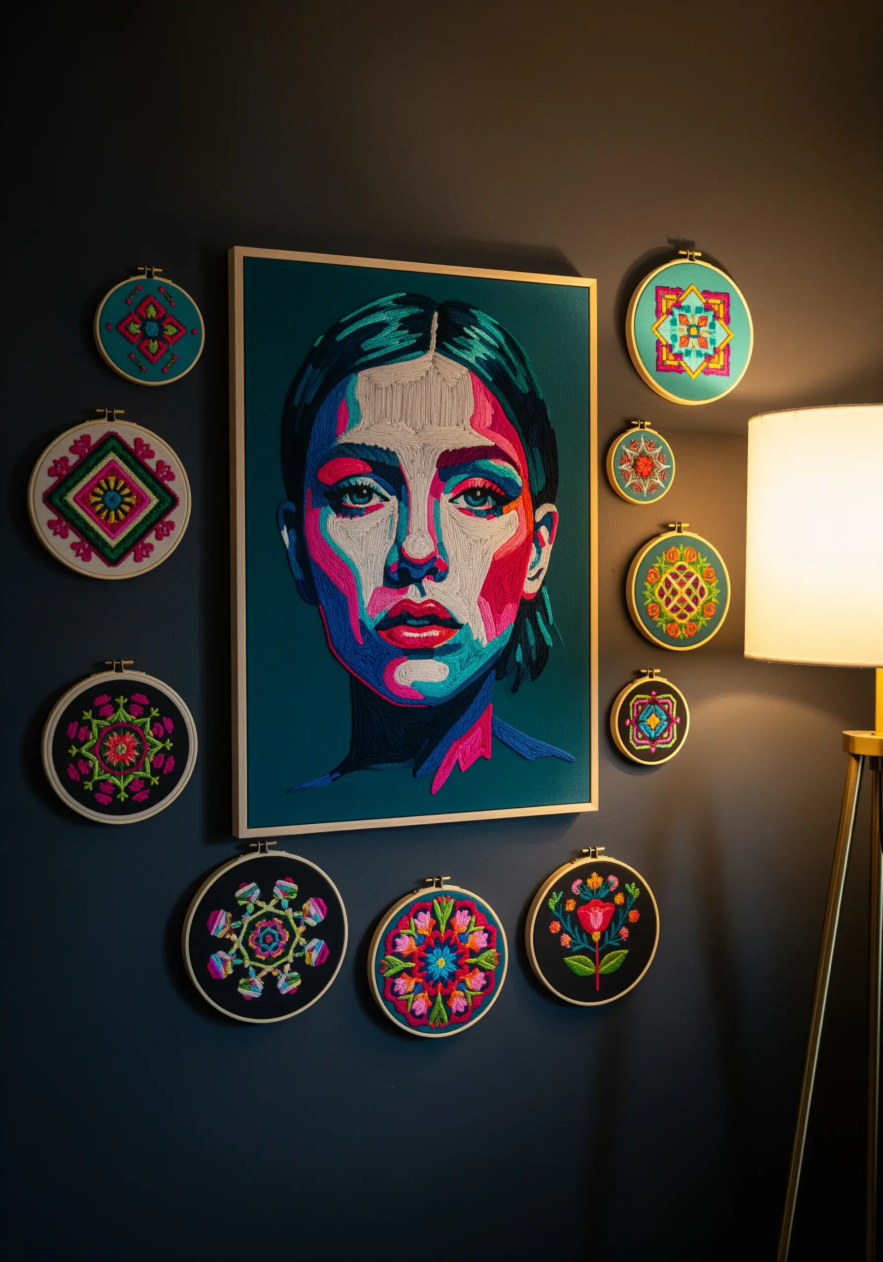 A gallery wall with a large embroidered portrait surrounded by smaller, colorful geometric hoops.