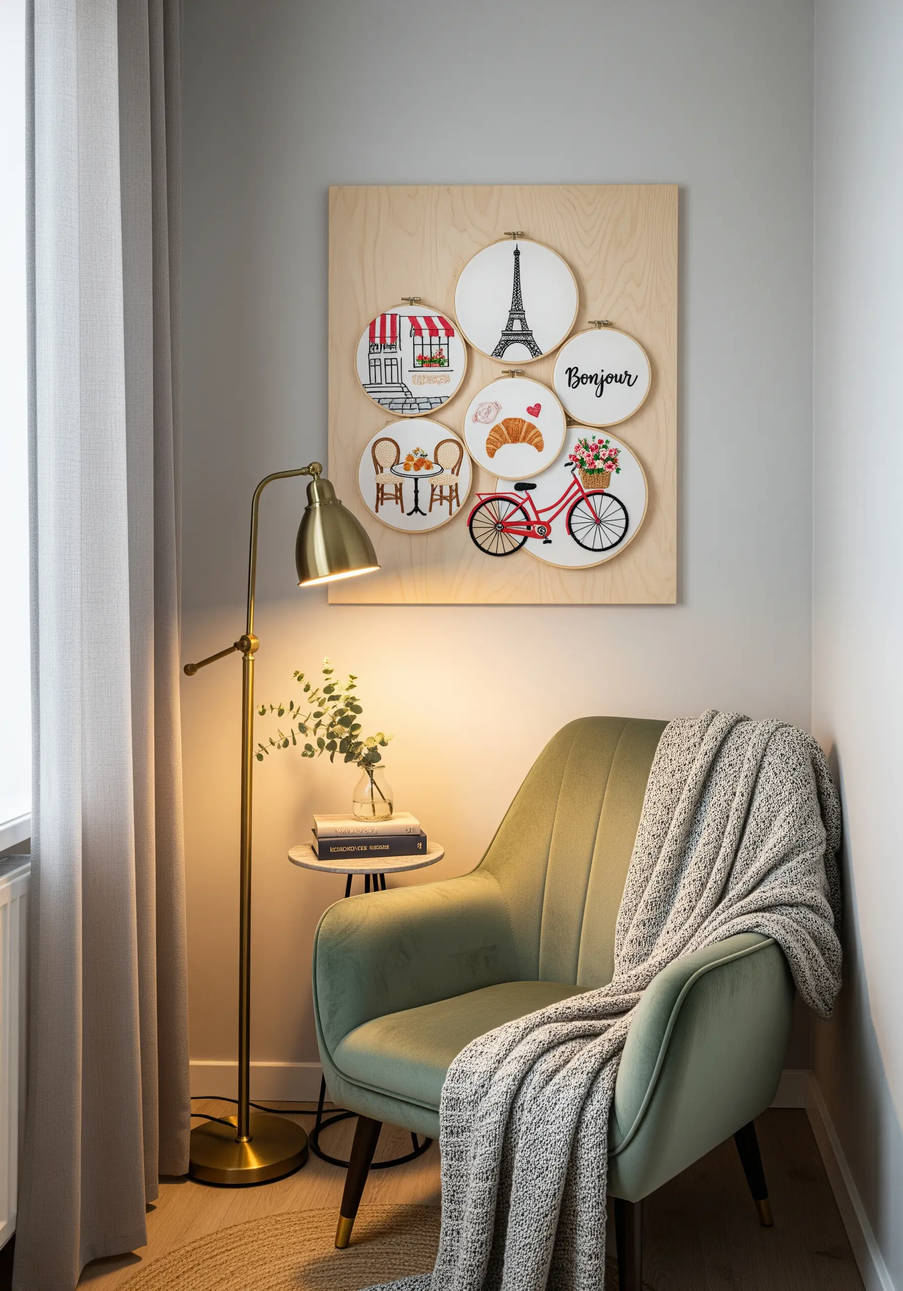 A collection of five Paris-themed embroidery hoops mounted on a light wood board.