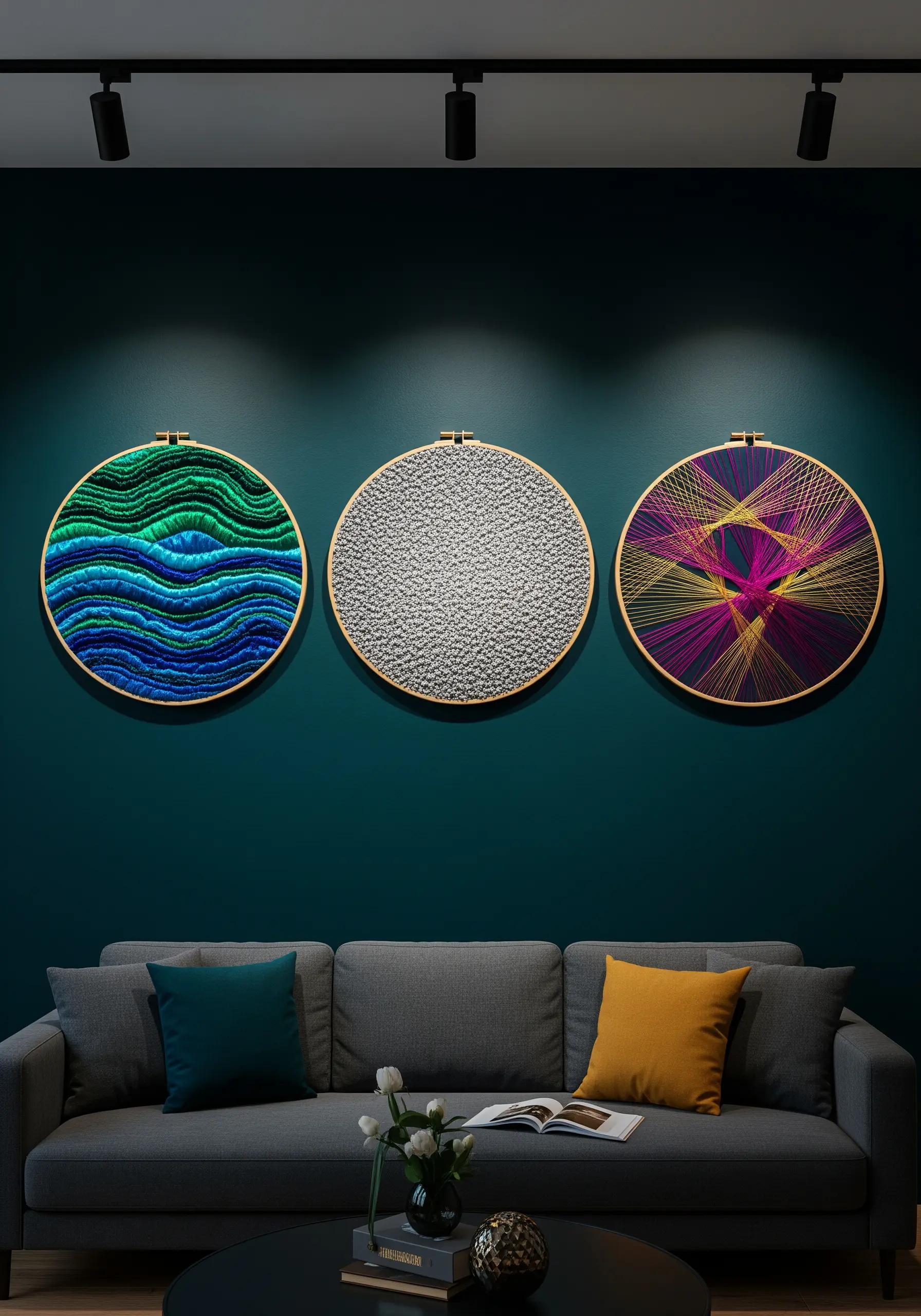 A triptych of embroidery hoops against a dark wall, each showing a different abstract texture.
