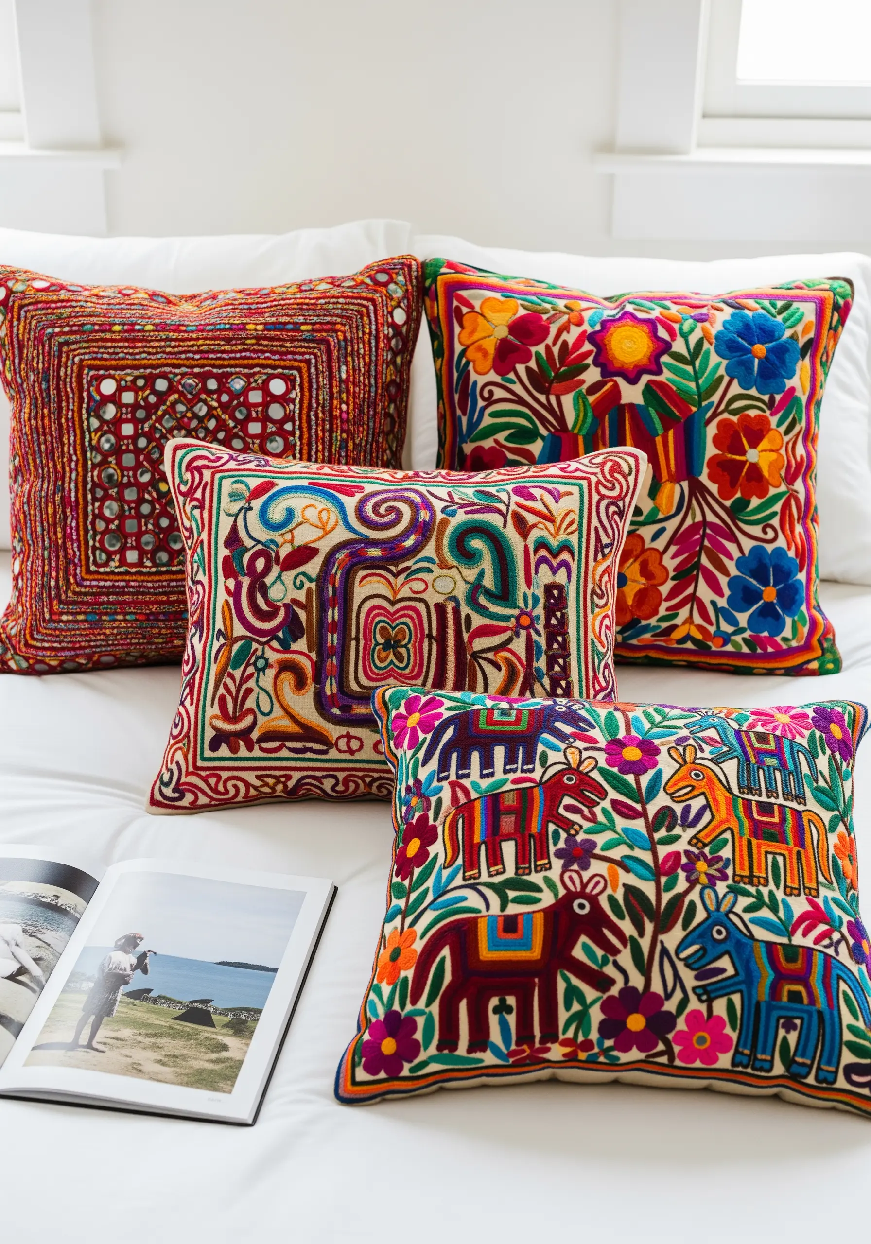A collection of four brightly colored, heavily embroidered pillows with folk art and animal motifs.