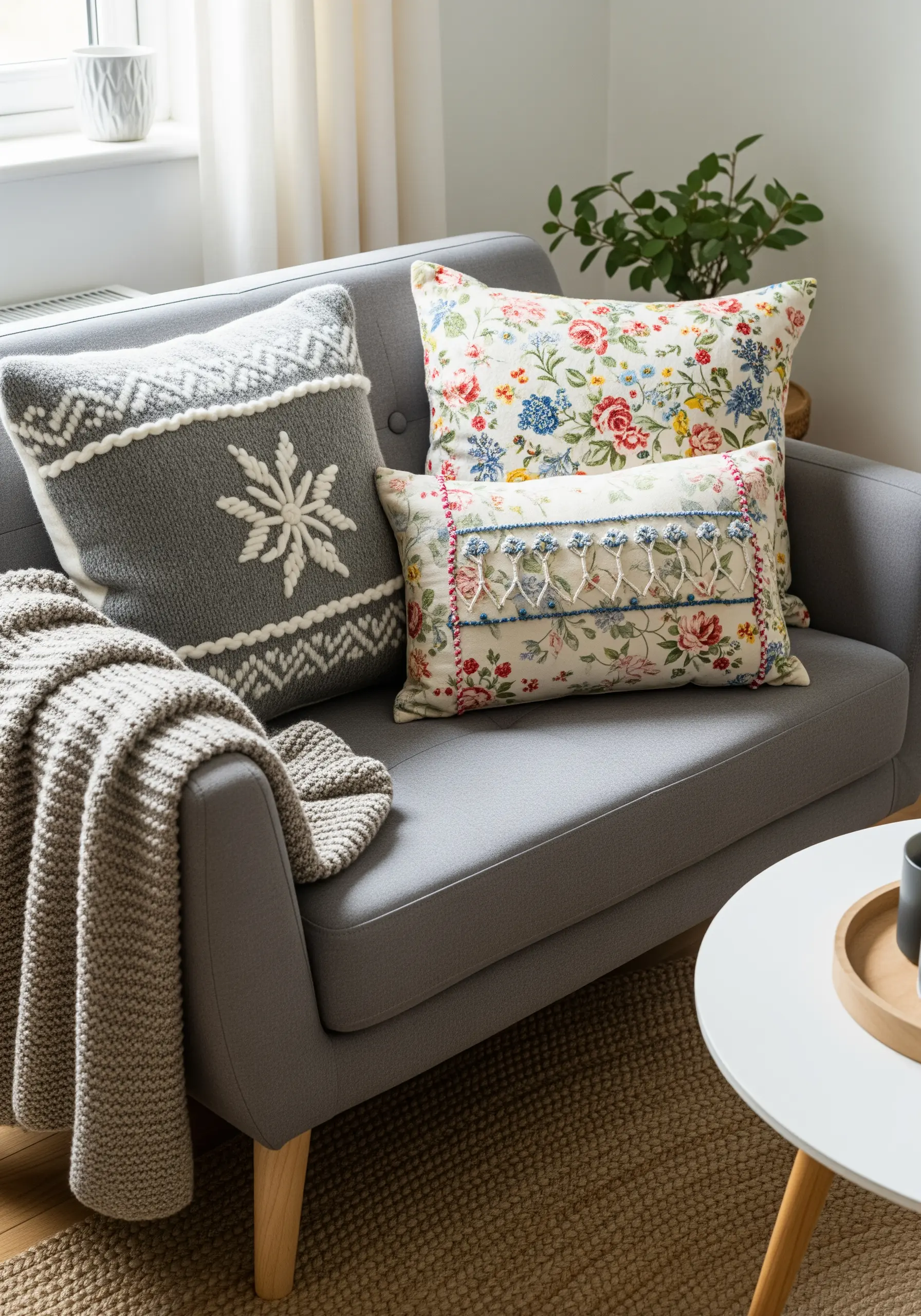 A collection of three distinct embroidered pillows on a grey sofa.