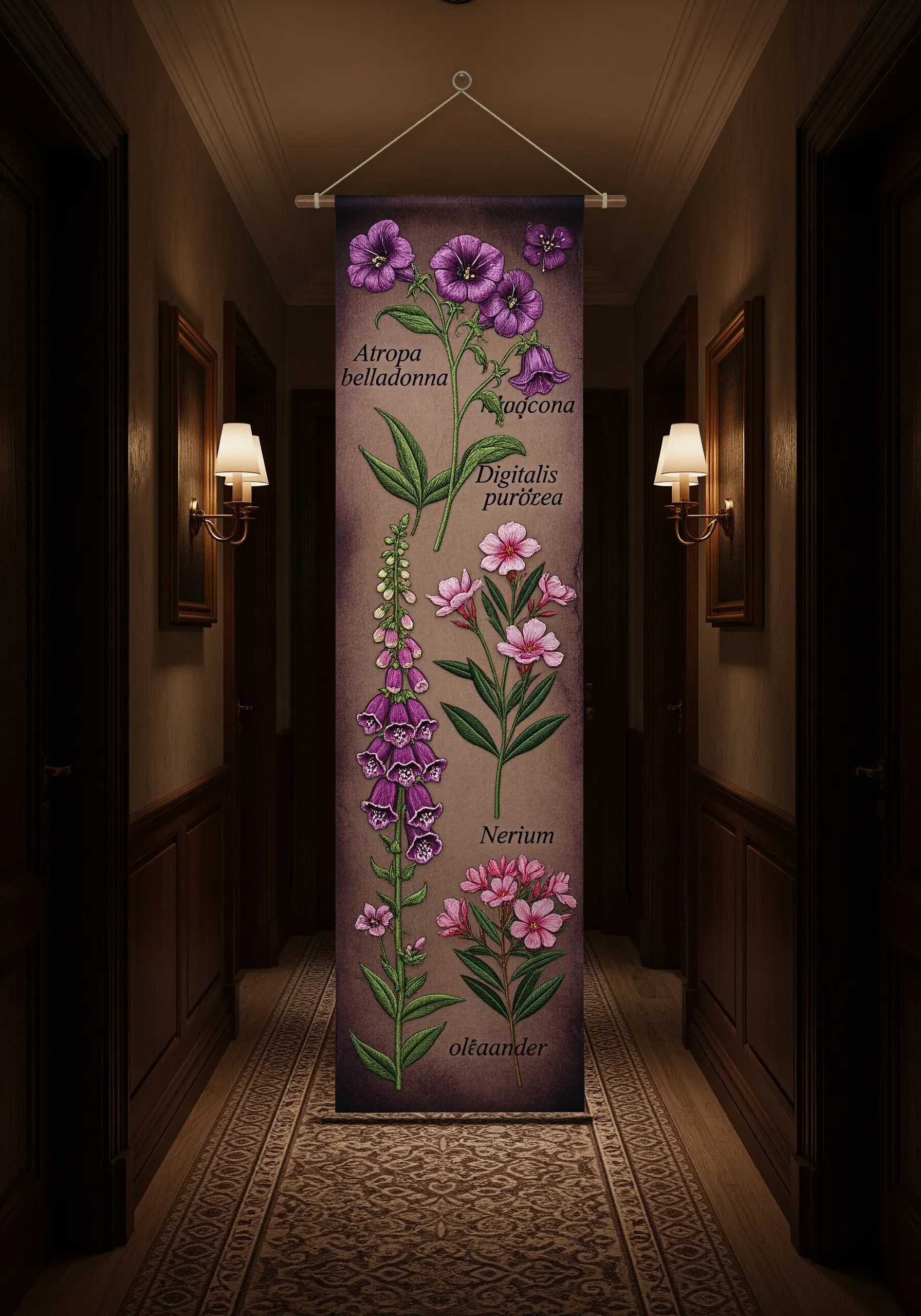 A long, vertical wall banner with embroidered illustrations of poisonous purple flowers.