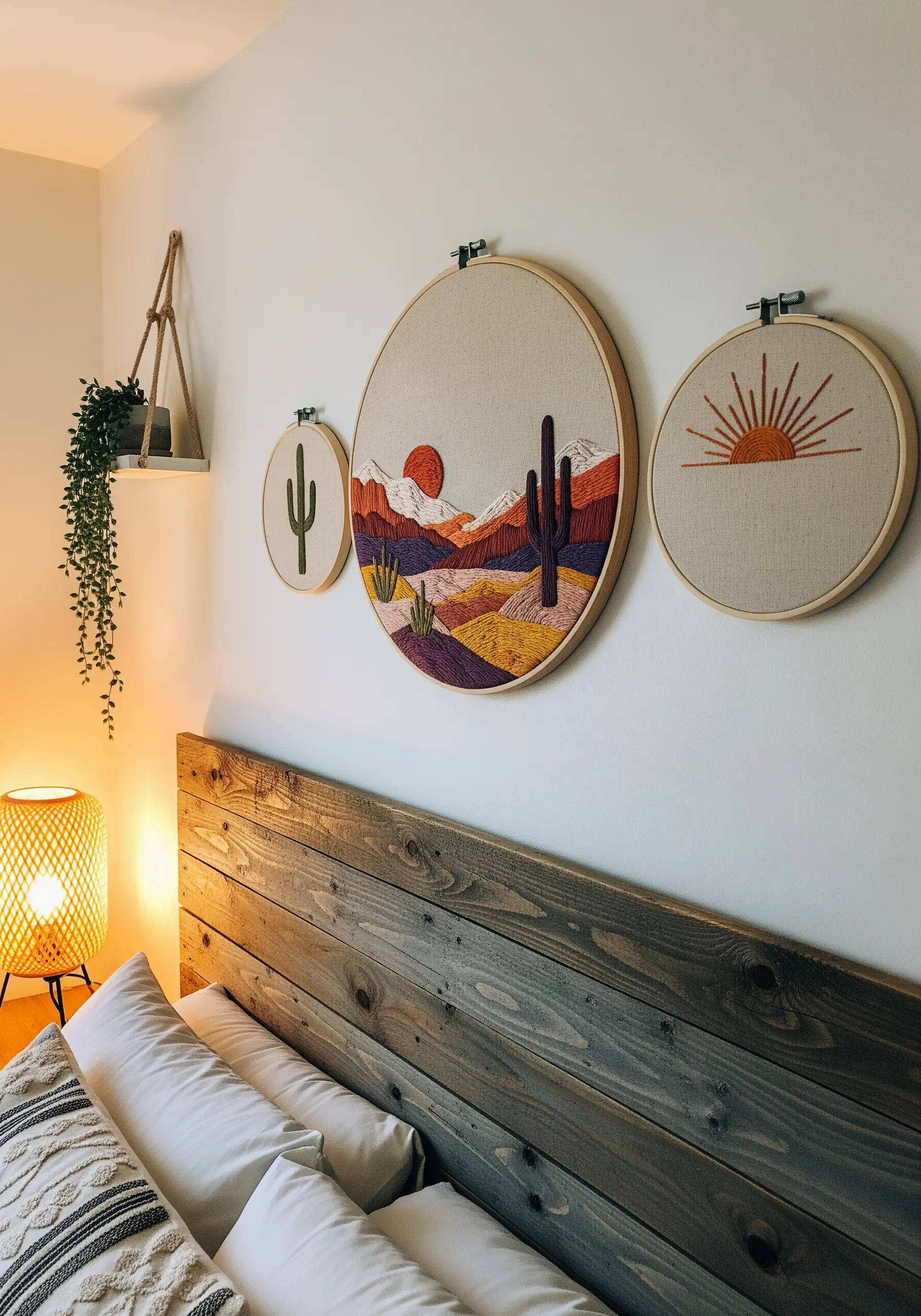 Triptych of desert landscape embroidery hoops with mountains, cacti, and a sun.